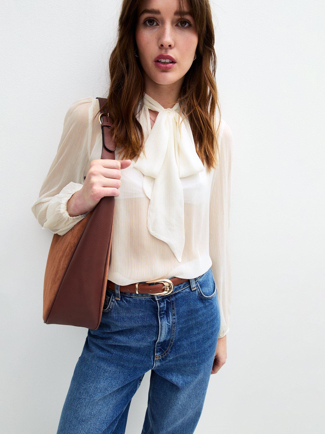 Image 1 of 5 of New Look Crinkled Pussybow Blouse - White