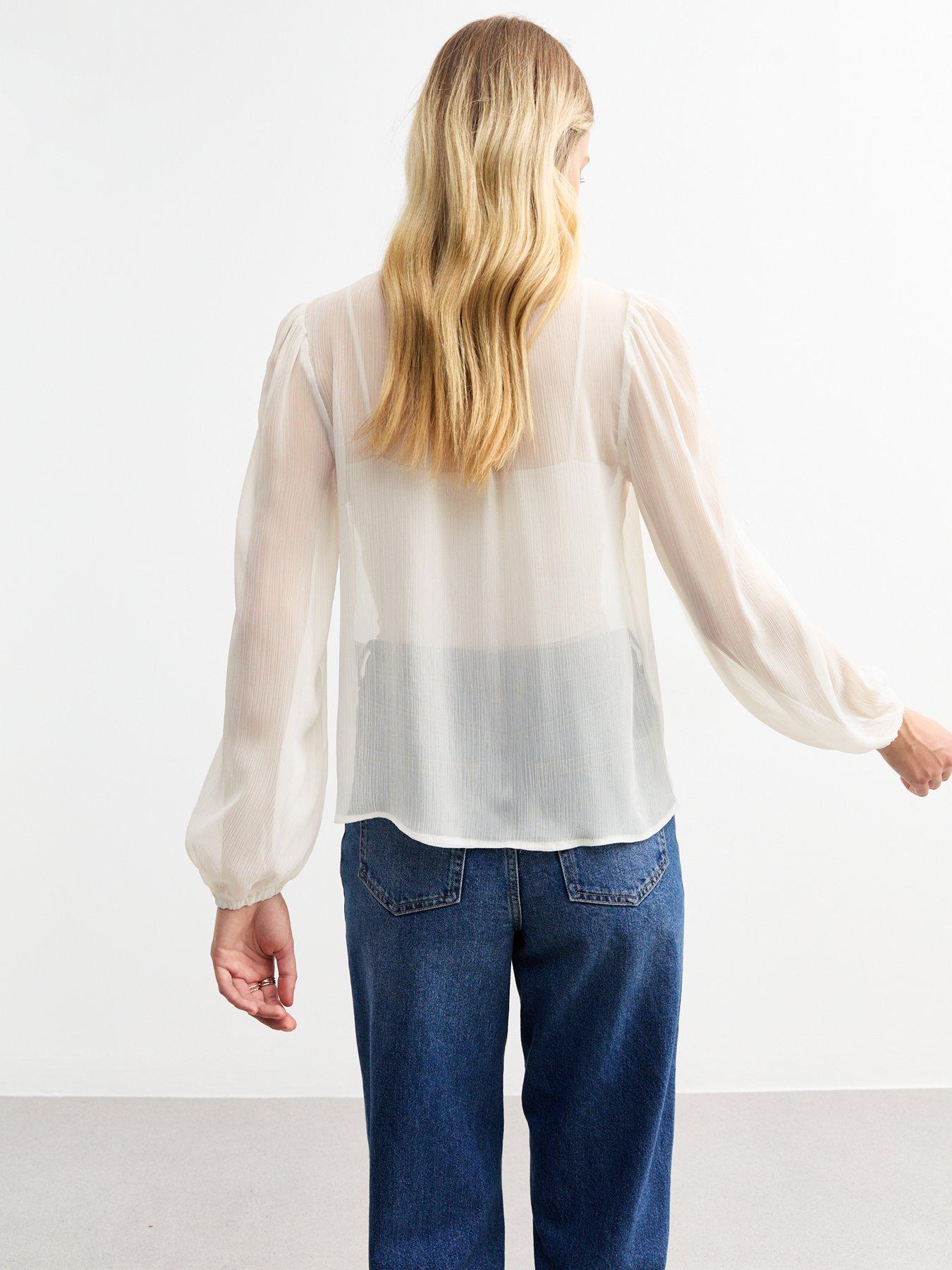 Image 2 of 5 of New Look Crinkled Pussybow Blouse - White