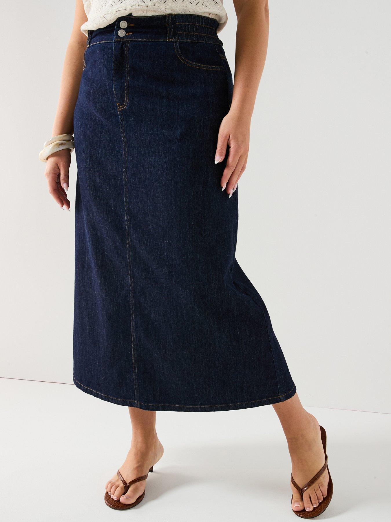 V by Very Curve Elasticated Waist A Line Denim Midi Skirt - Dark Blue