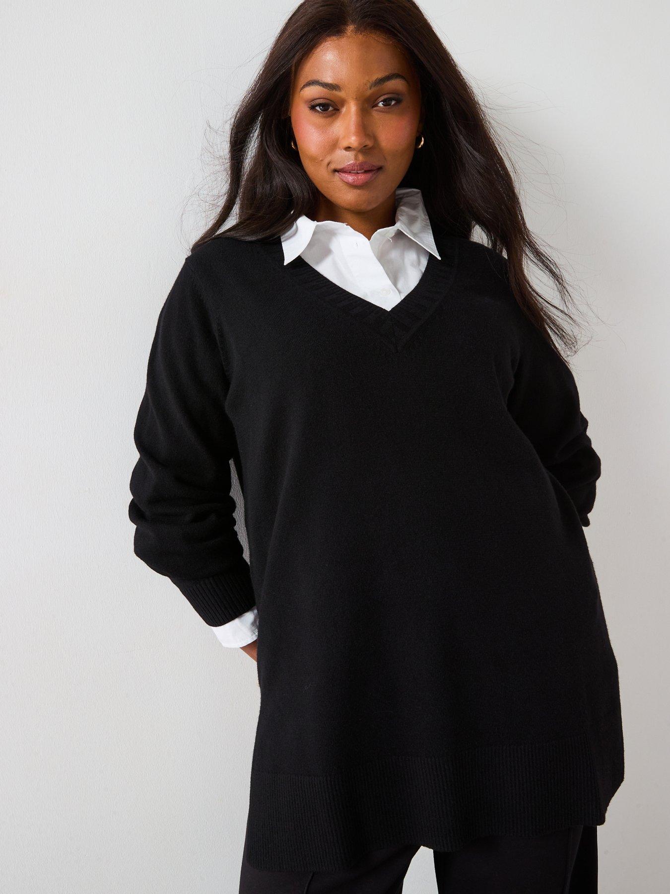 v-by-very-curve-classic-comfort-v-neck-split-hem-longline-jumper-blackdetail