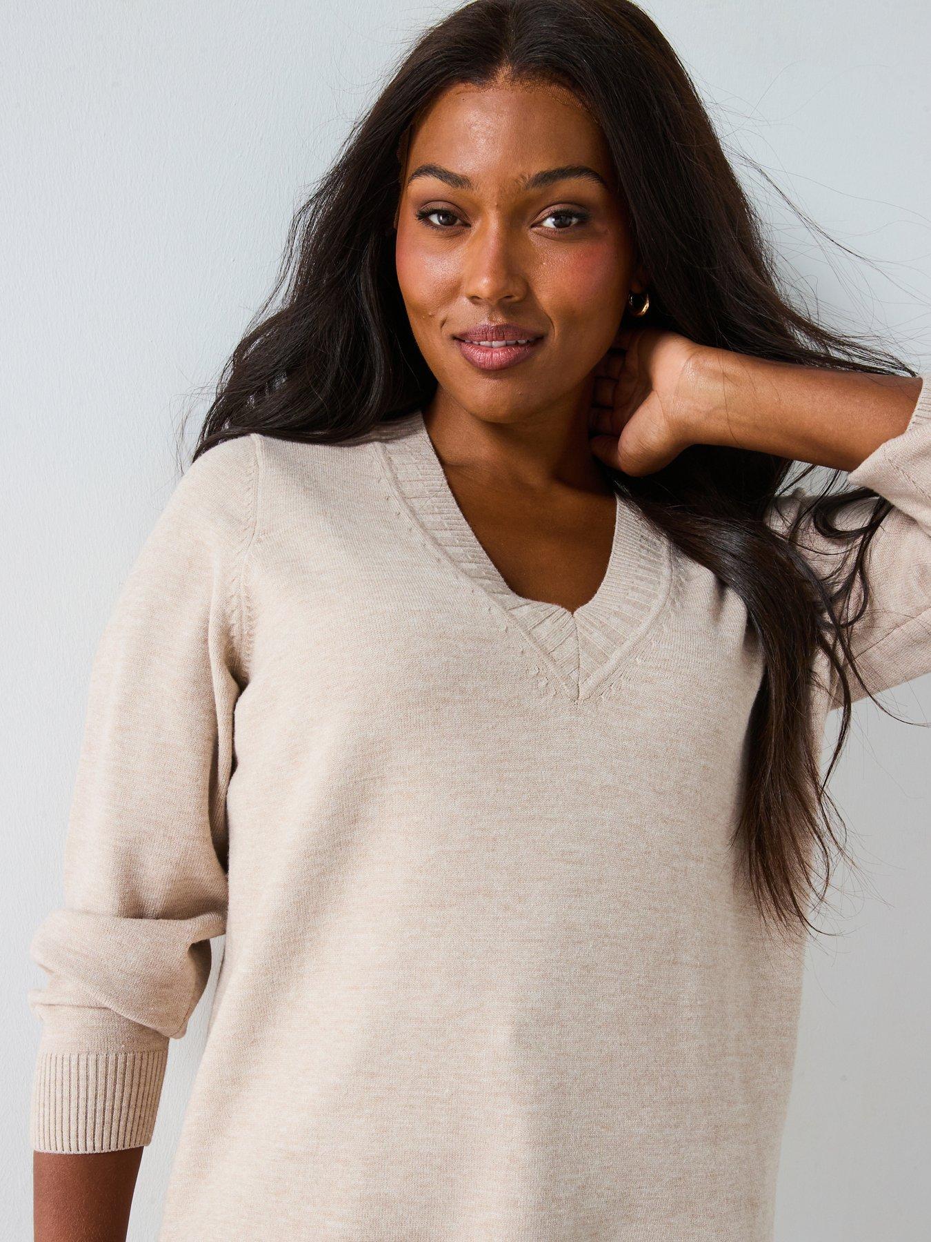 v-by-very-curve-classic-comfort-v-neck-split-hem-longline-jumper-beigedetail