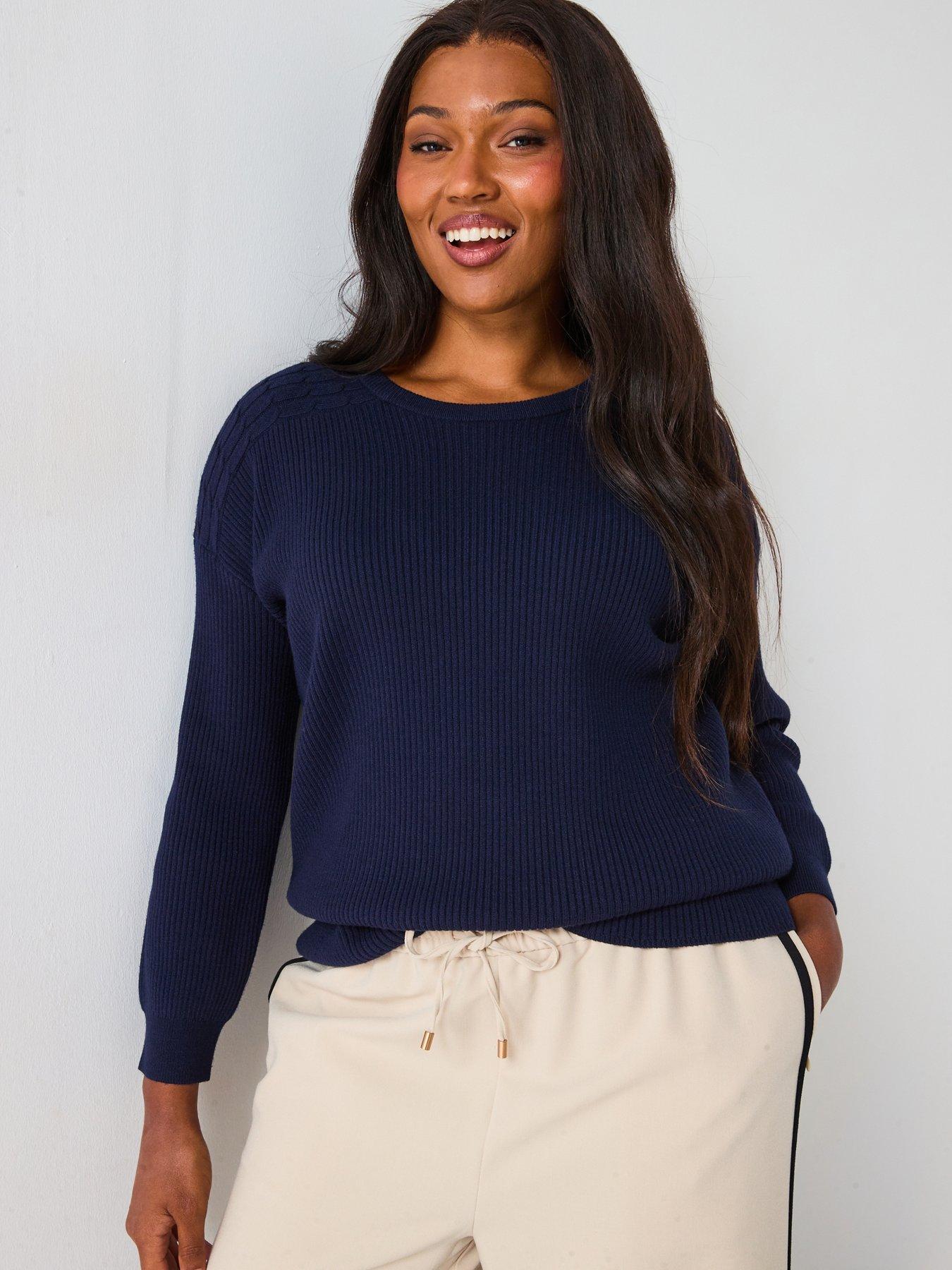 V by Very Curve Classic Comfort Batwing Cable Sleeve Jumper - Navy