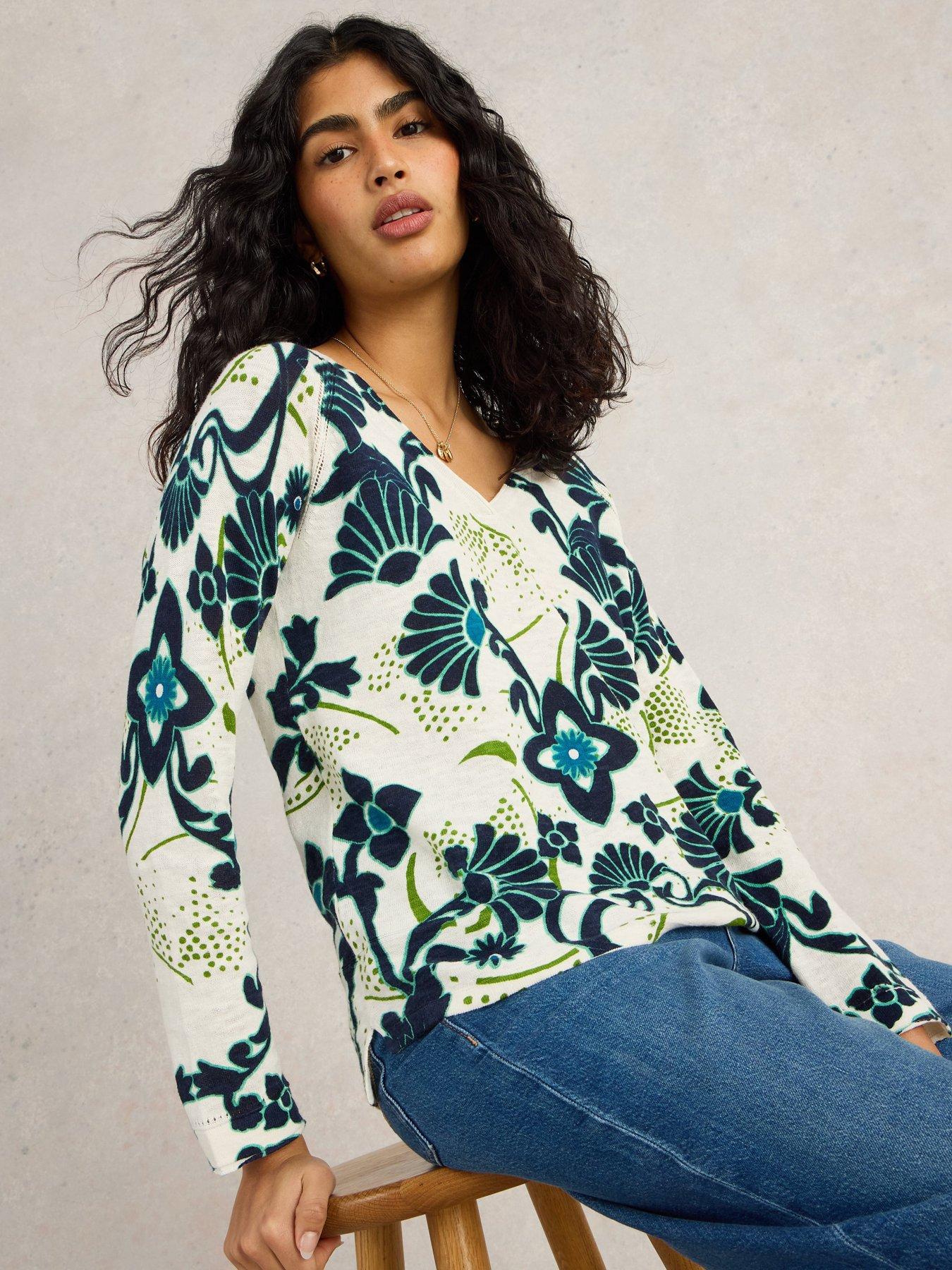 Image 1 of 6 of White Stuff Naria Print Linen Blend Jumper - Blue