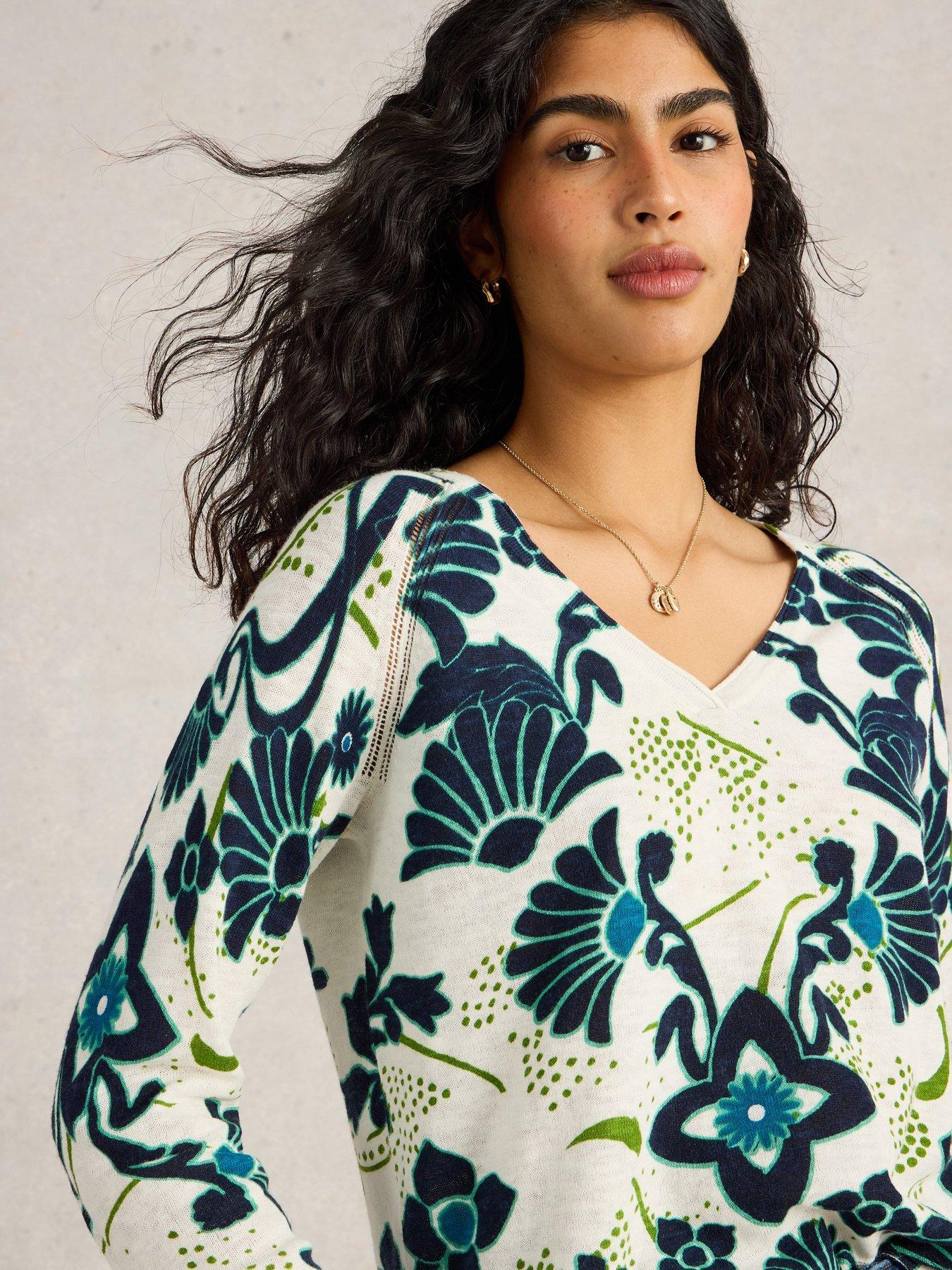 Image 4 of 6 of White Stuff Naria Print Linen Blend Jumper - Blue