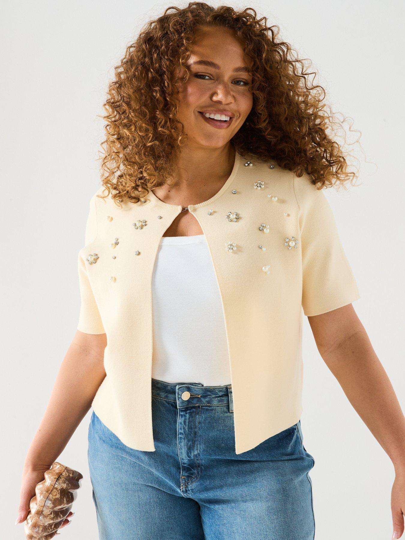 undefined Embellished Short Sleeve Cardigan - Yellow
