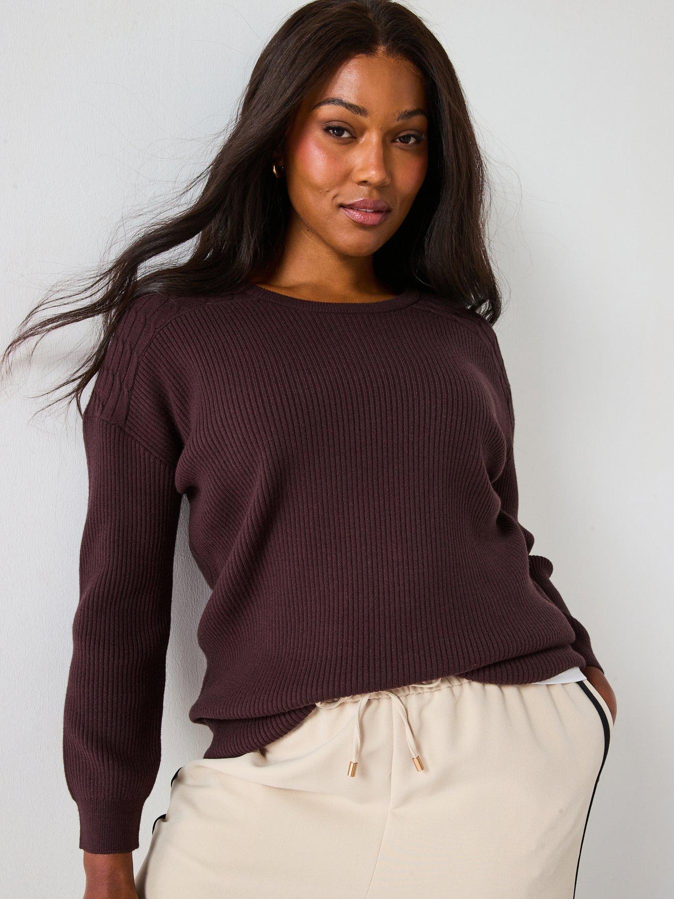 V by Very Curve Classic Comfort Batwing Cable Sleeve Jumper - Brown