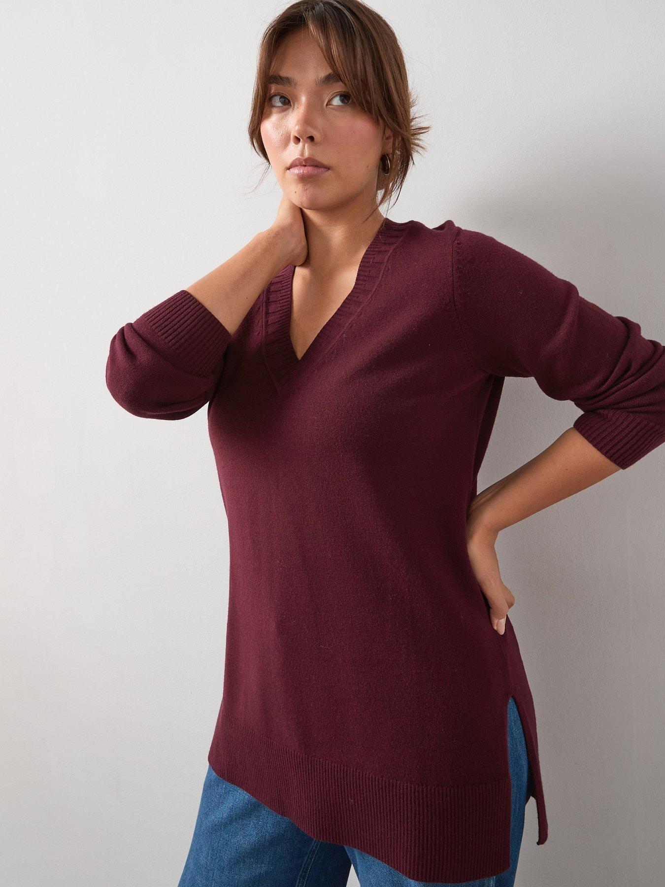 v-by-very-curve-classic-comfort-v-neck-split-hem-longline-jumper-red