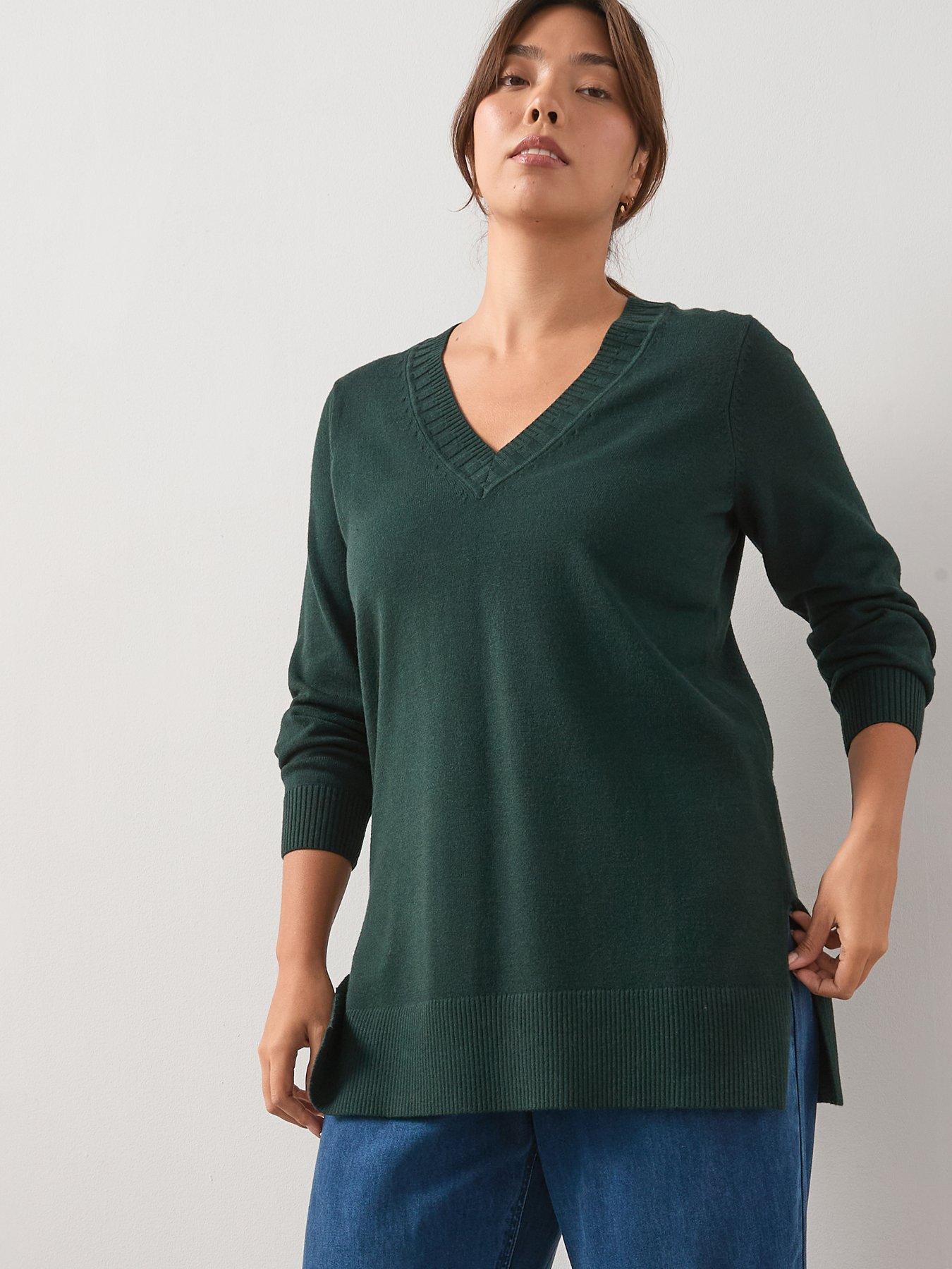 v-by-very-curve-classic-comfort-v-neck-split-hem-longline-jumper-green