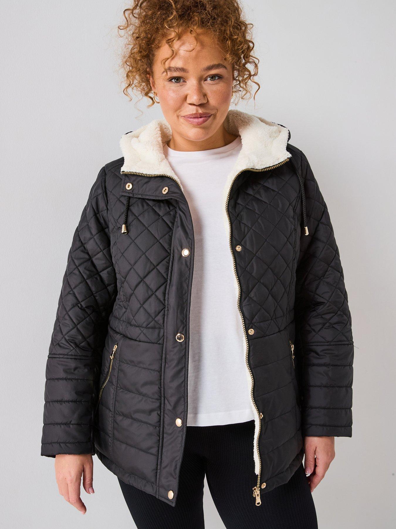 V by Very Curve Quilted Fleece Lined Coat - Black