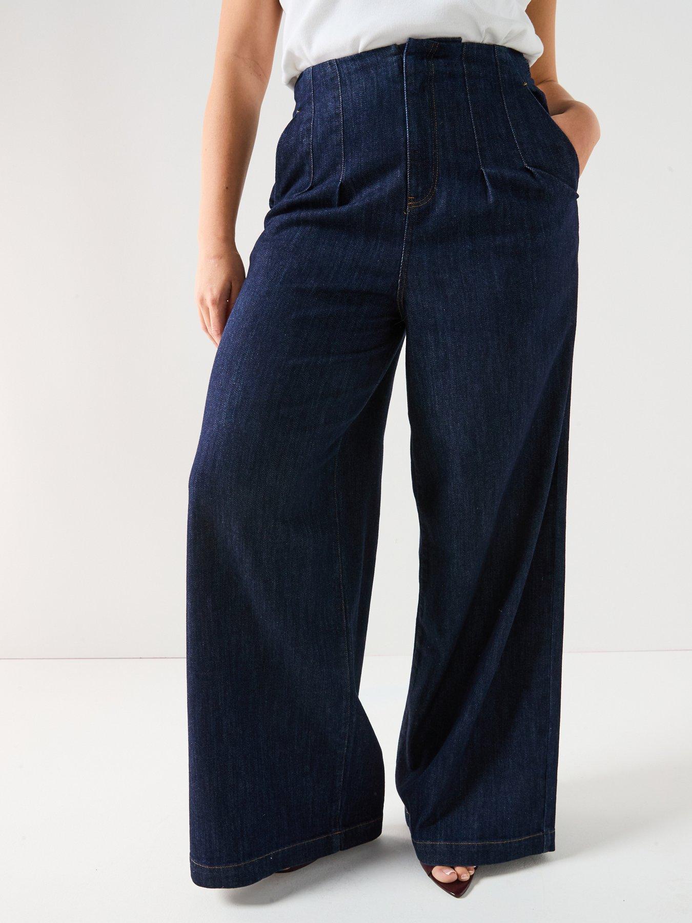 V by Very Curve High Waisted Wide Leg Jeans - Dark Blue