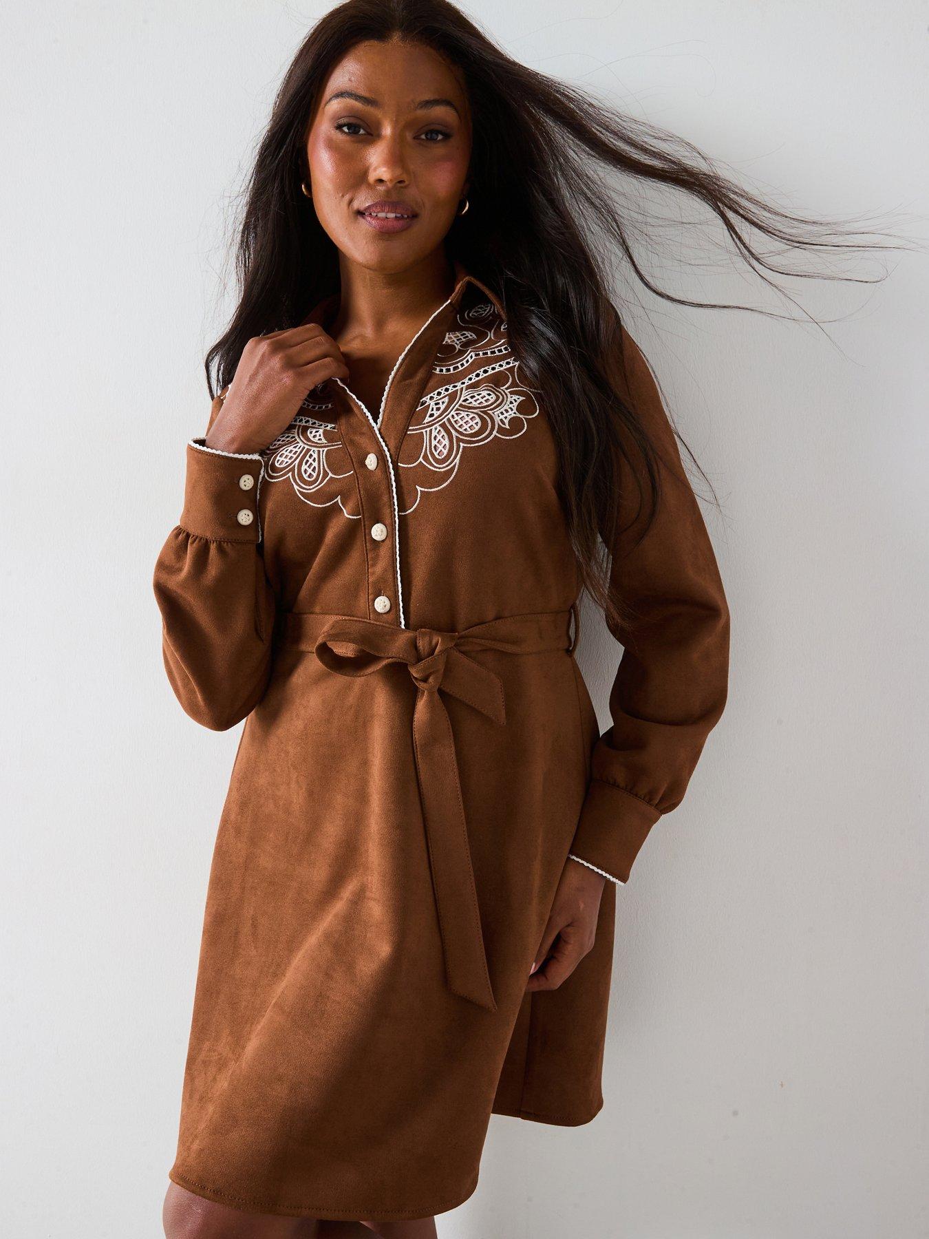 V by Very Curve Embroidered Faux Suede Mini Dress - Beige