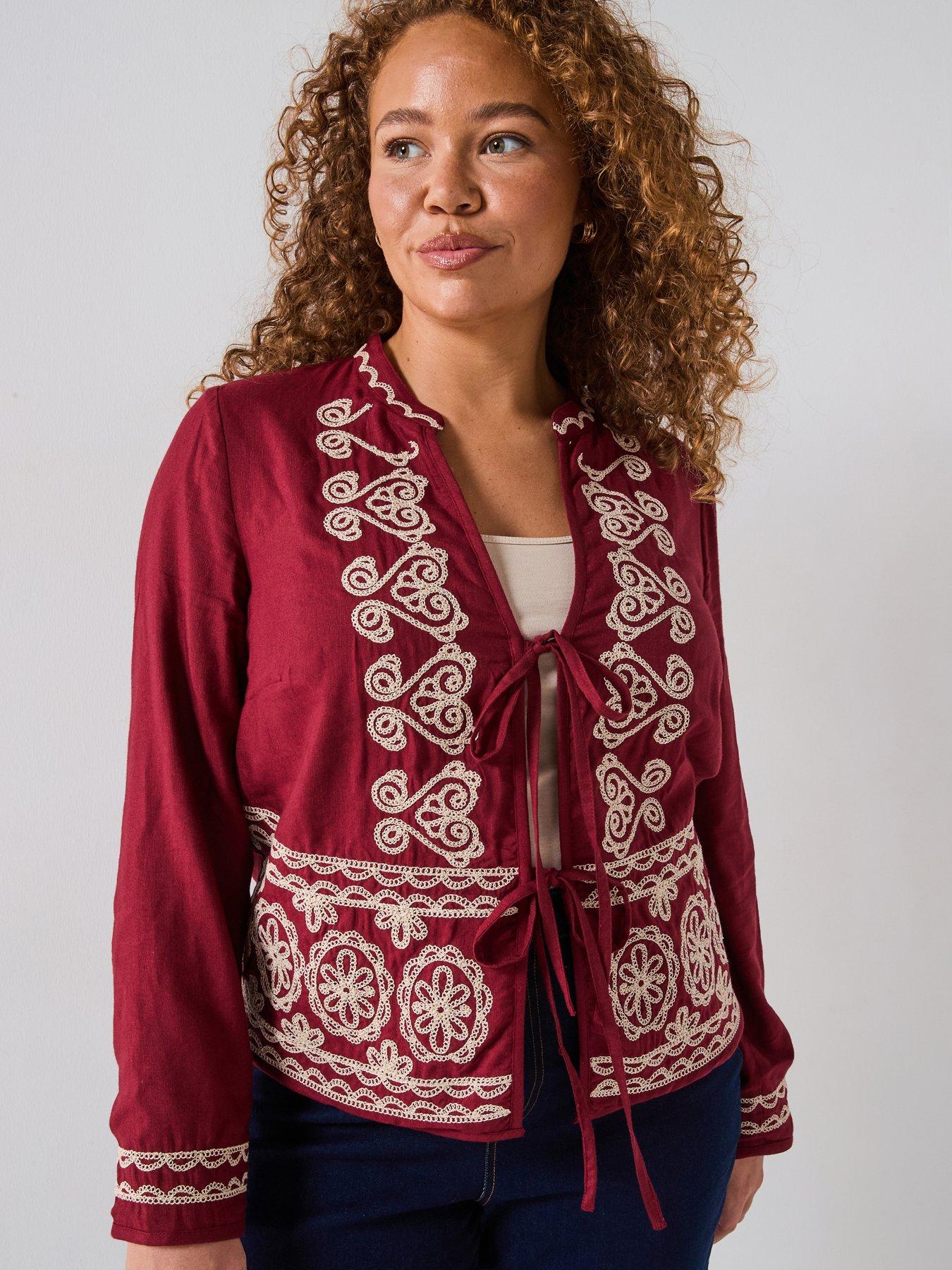 V by Very Curve Embroidered Tie Detail Blouse - Red