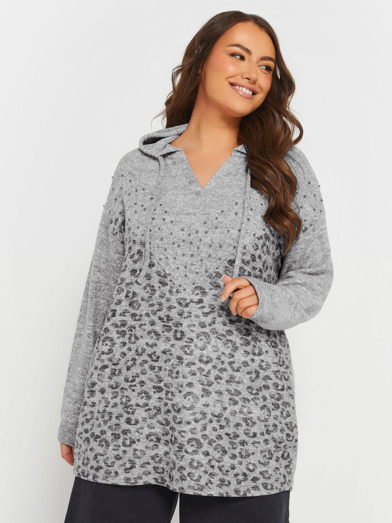 Image of Yours Curve Leopard Print Stud Hoodie - Grey
