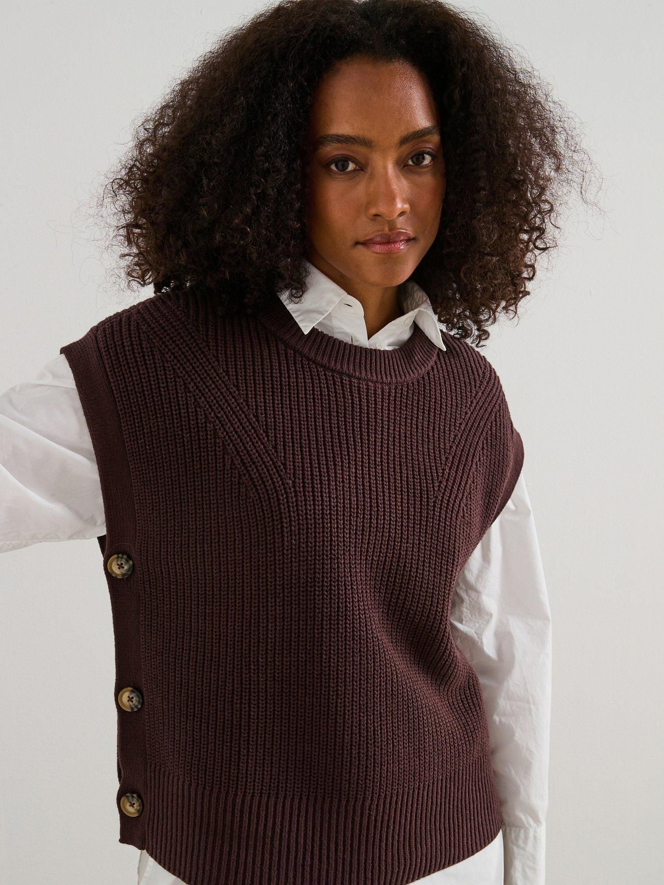 Image 1 of 6 of V by Very Cotton Rich Crew Neck Button Side Tank - Chocolate