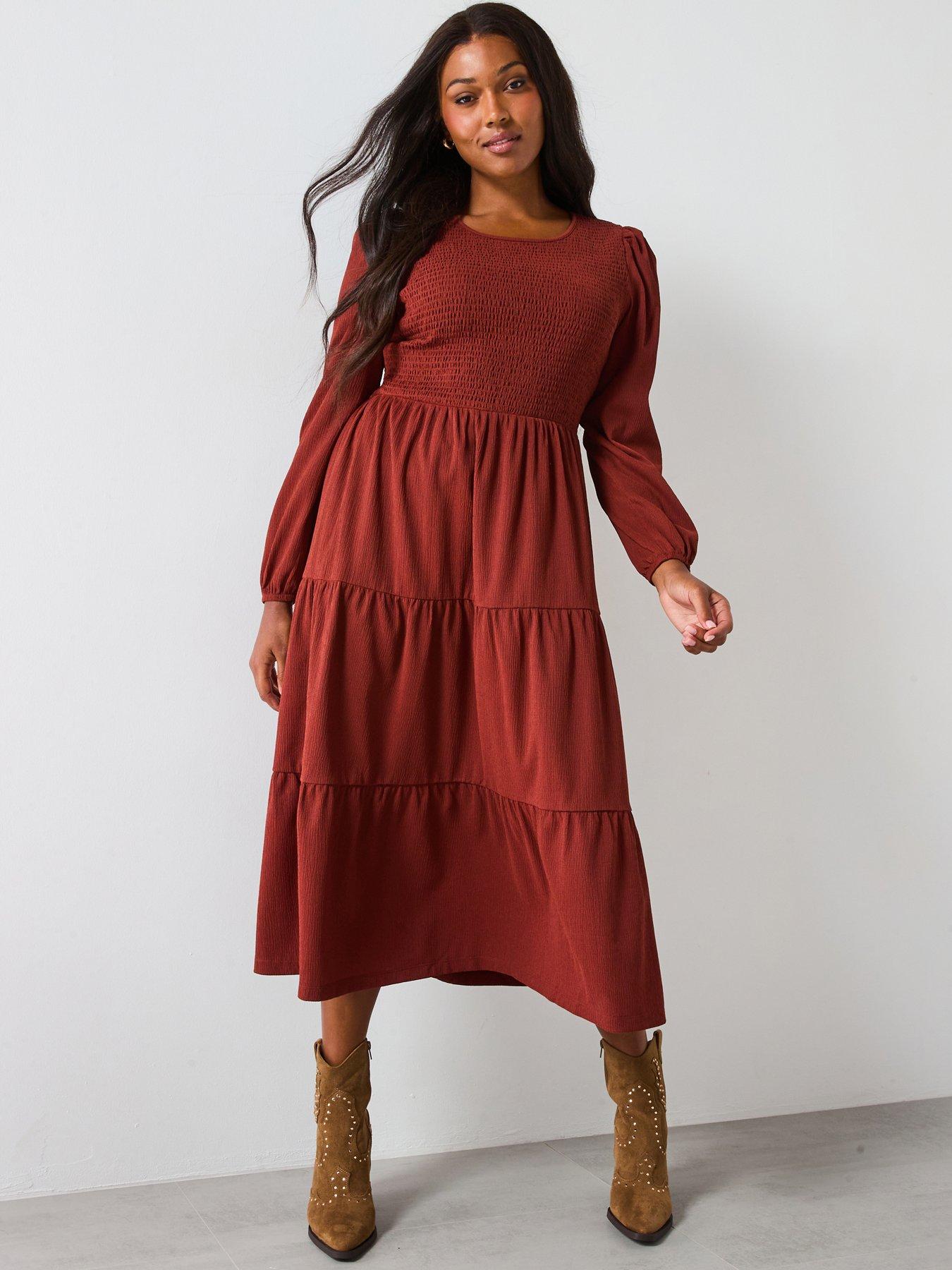 V by Very Curve Shirred Bust Tiered Maxi Dress - Brown
