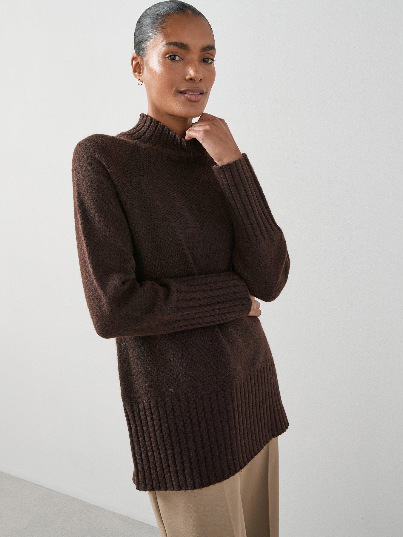 The Very Collection Timeless Yarn Longline Funnel Neck Jumper - Brown