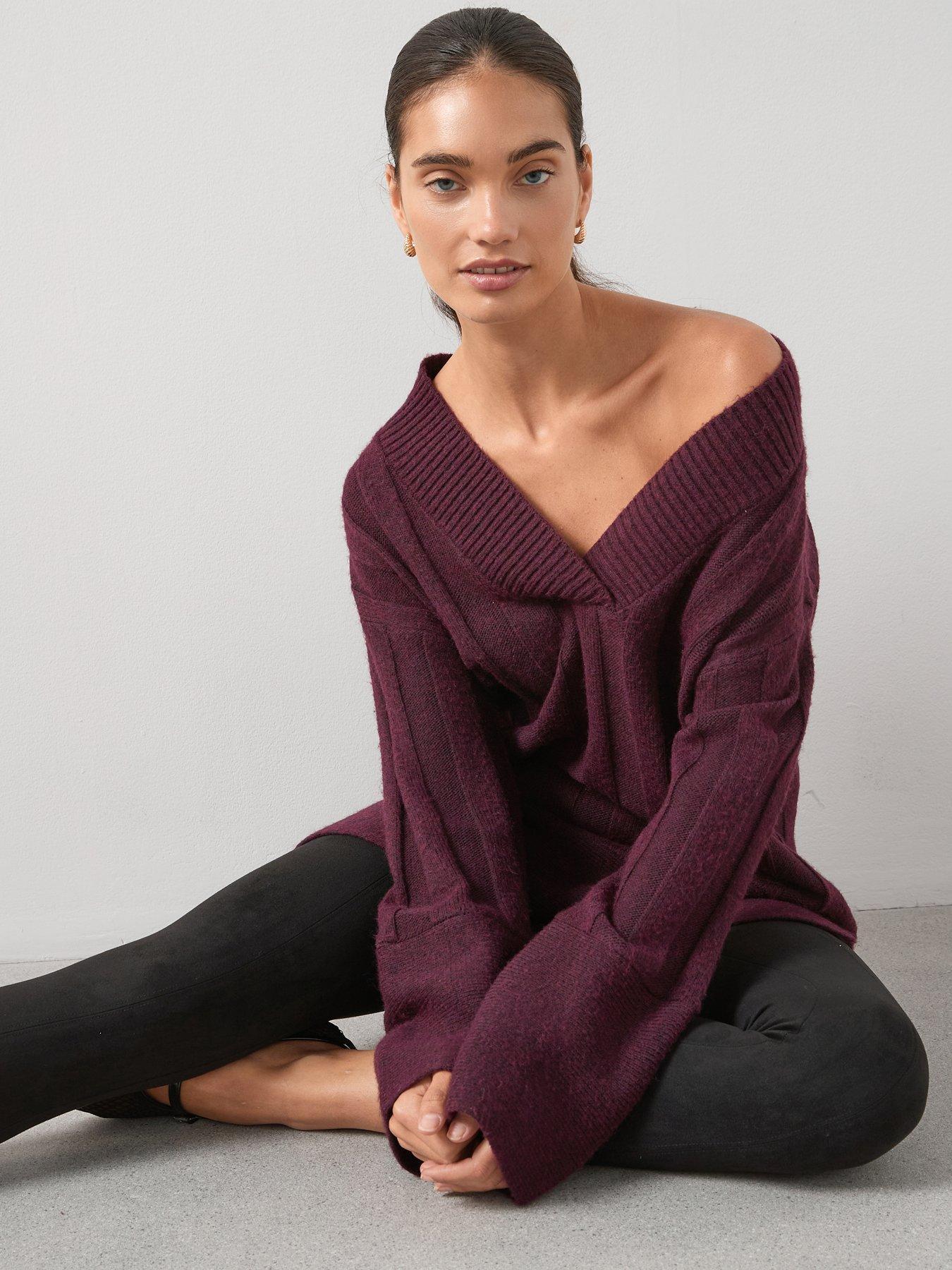 The Very Collection Timeless Yarn Deep Rib Longline V Neck Jumper - Burgundy