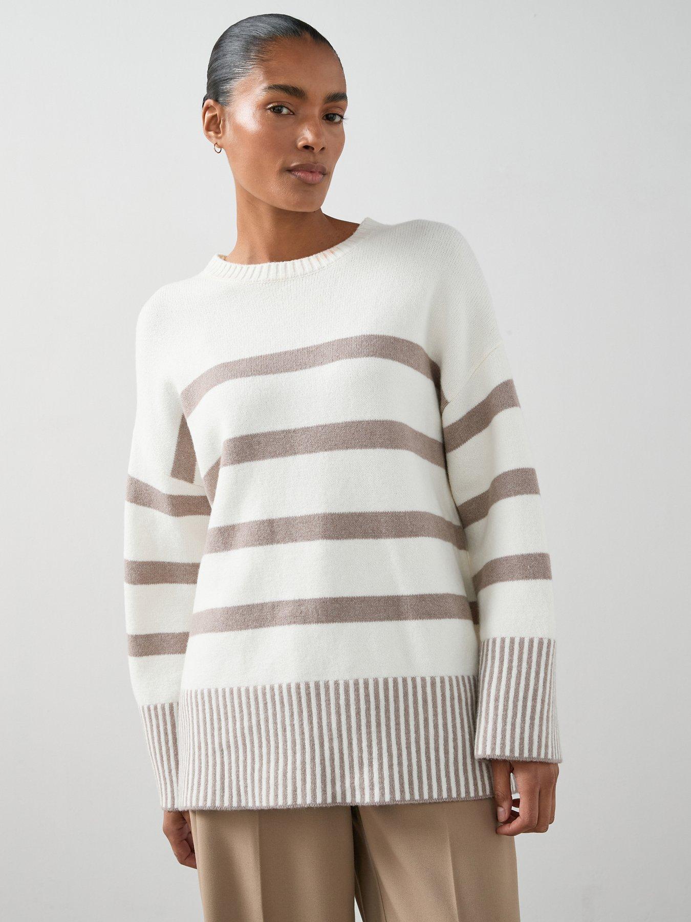 The Very Collection Cosy Yarn Crew Neck Relaxed Longline Stripe Jumper - Cream
