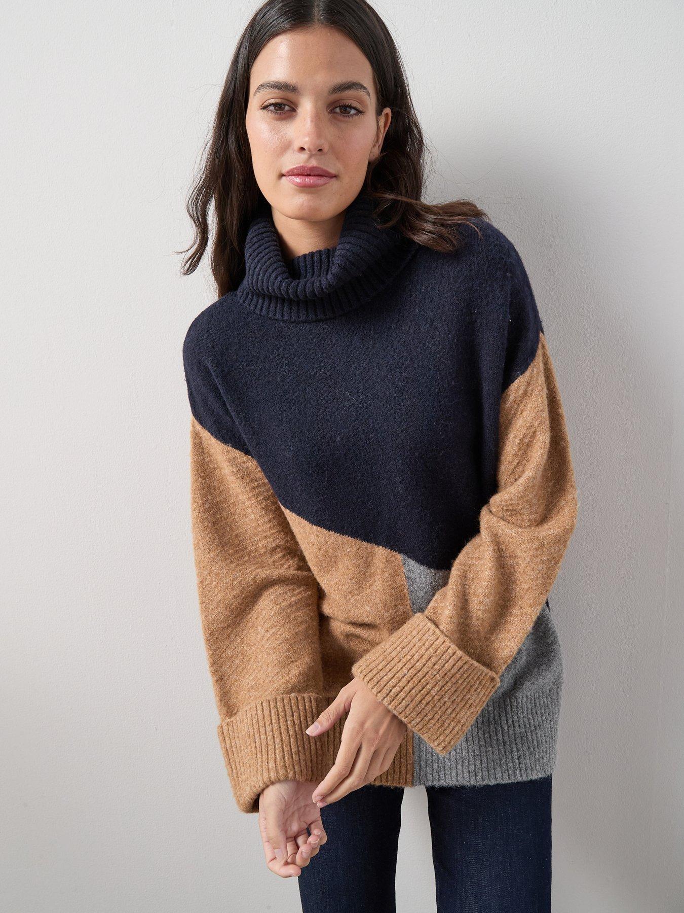 The Very Collection Roll Neck Turn Up Cuff Colourblock Oversized Jumper with Wool - Multi