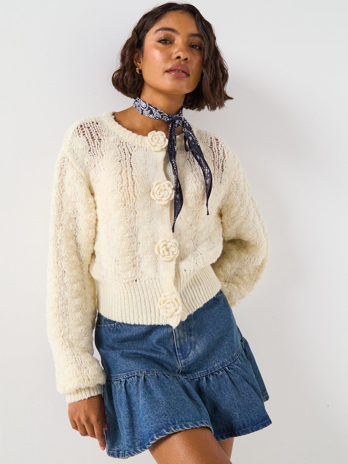 V by Very Crew Neck Rose Button Textured Knitted Cardigan - Cream