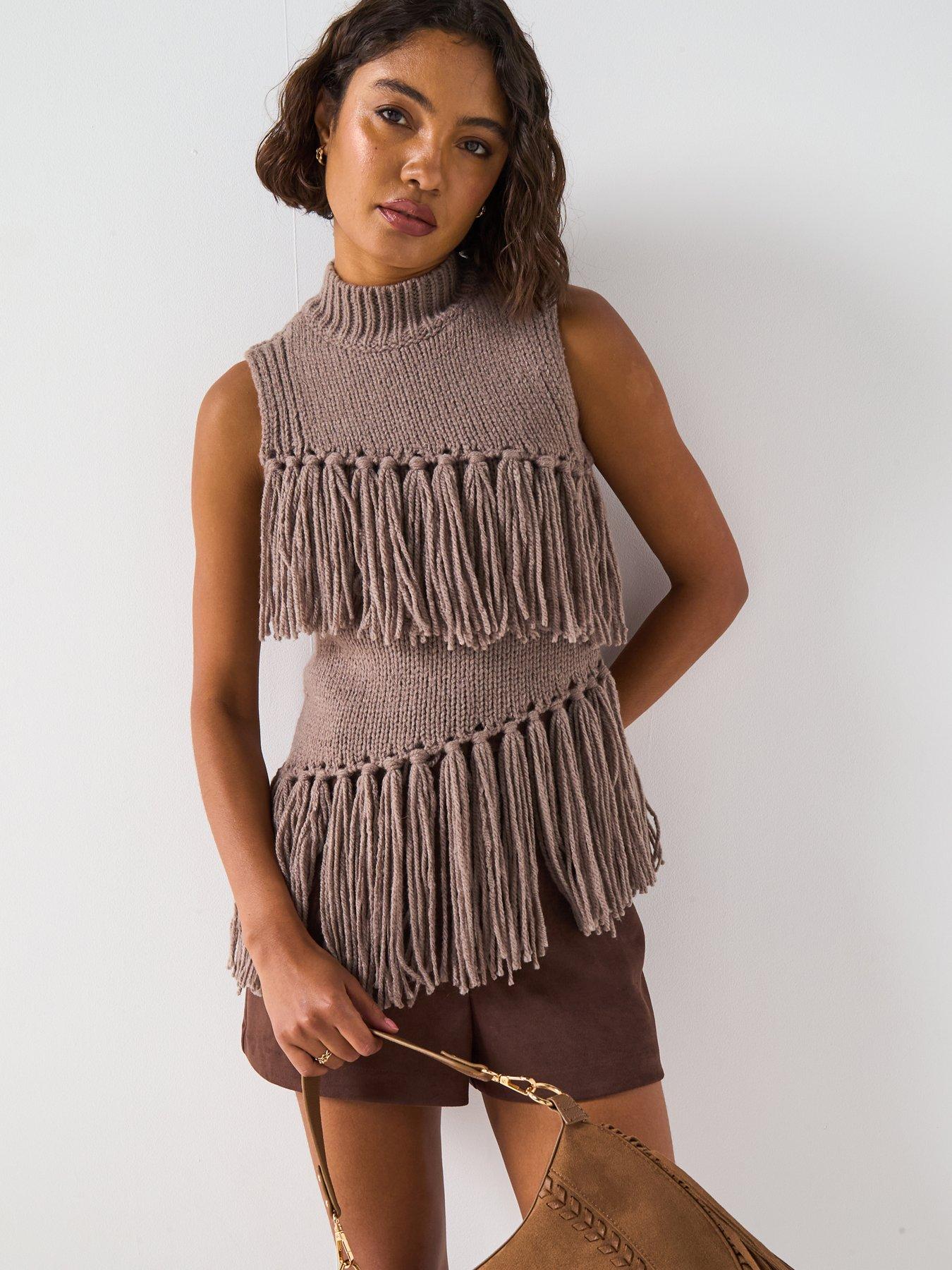 V by Very Fringe Detail Sleeveless Knitted Jumper - Brown