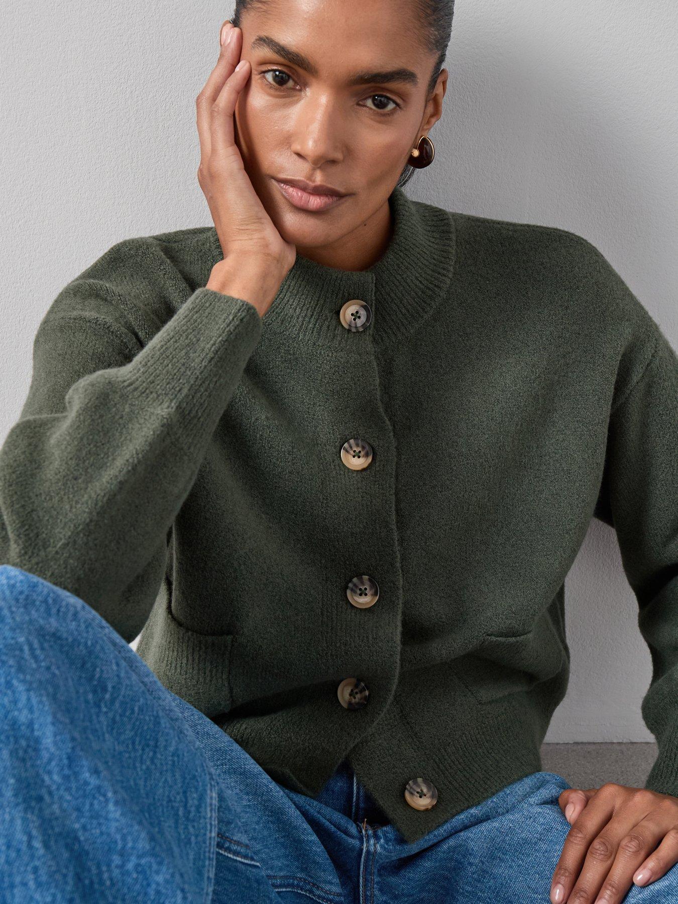 The Very Collection Style Yarn Crew Neck Cardigan With Wool - Green