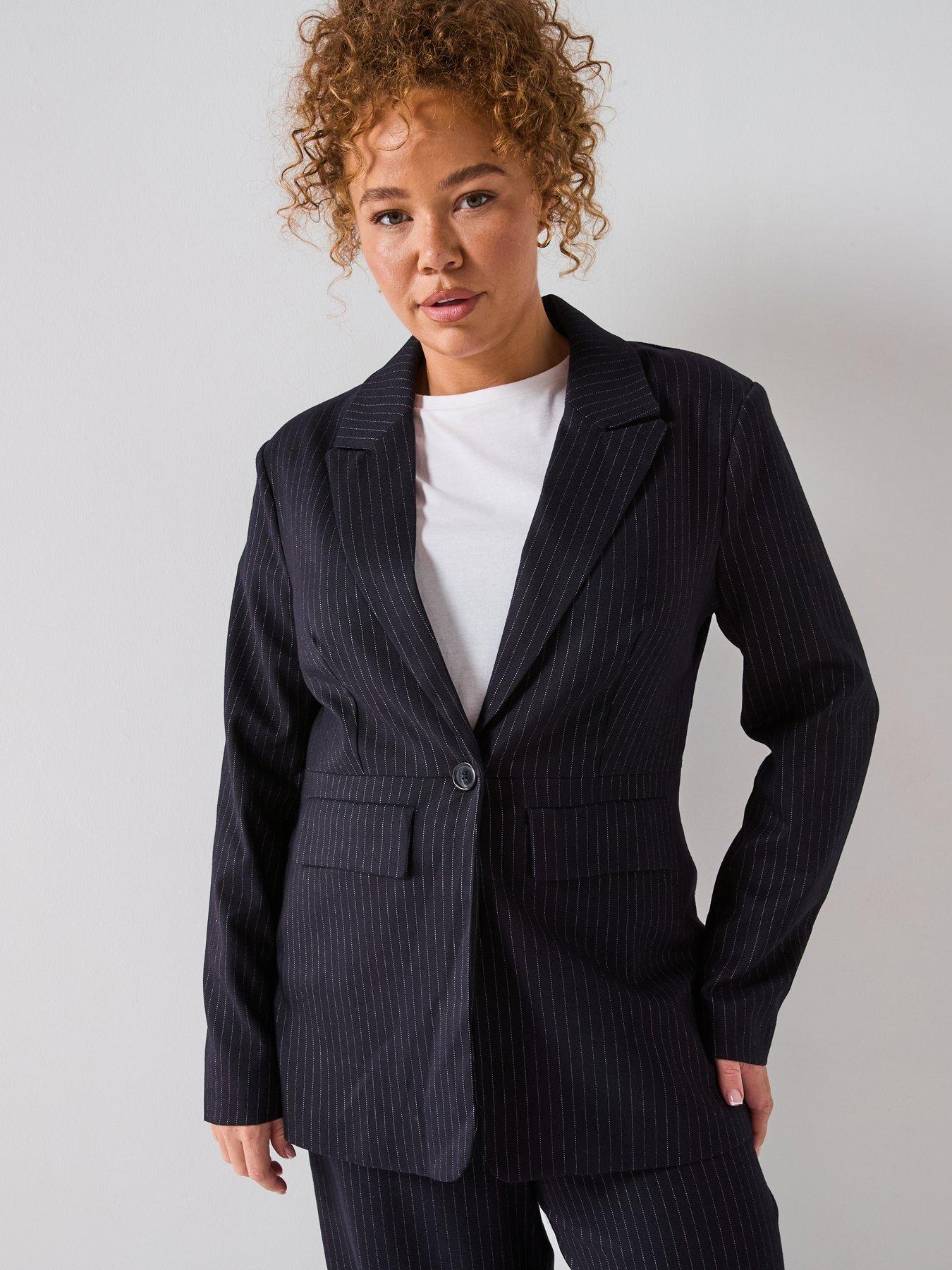Image 5 of 6 of V by Very Curve Pinstripe Longline Blazer - Navy