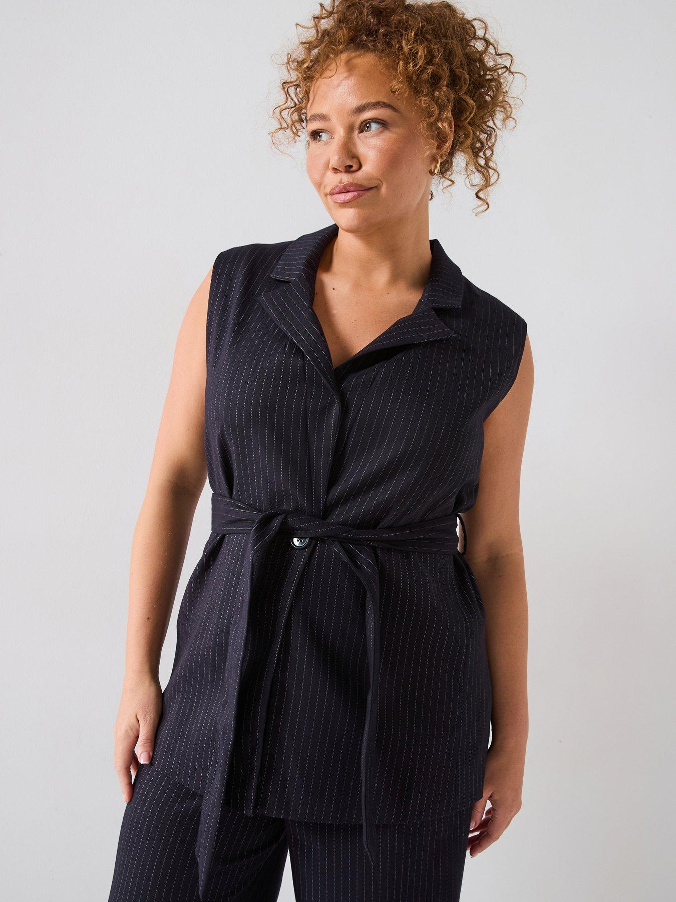 V by Very Curve Pinstripe Belted Longline Waistcoat - Navy