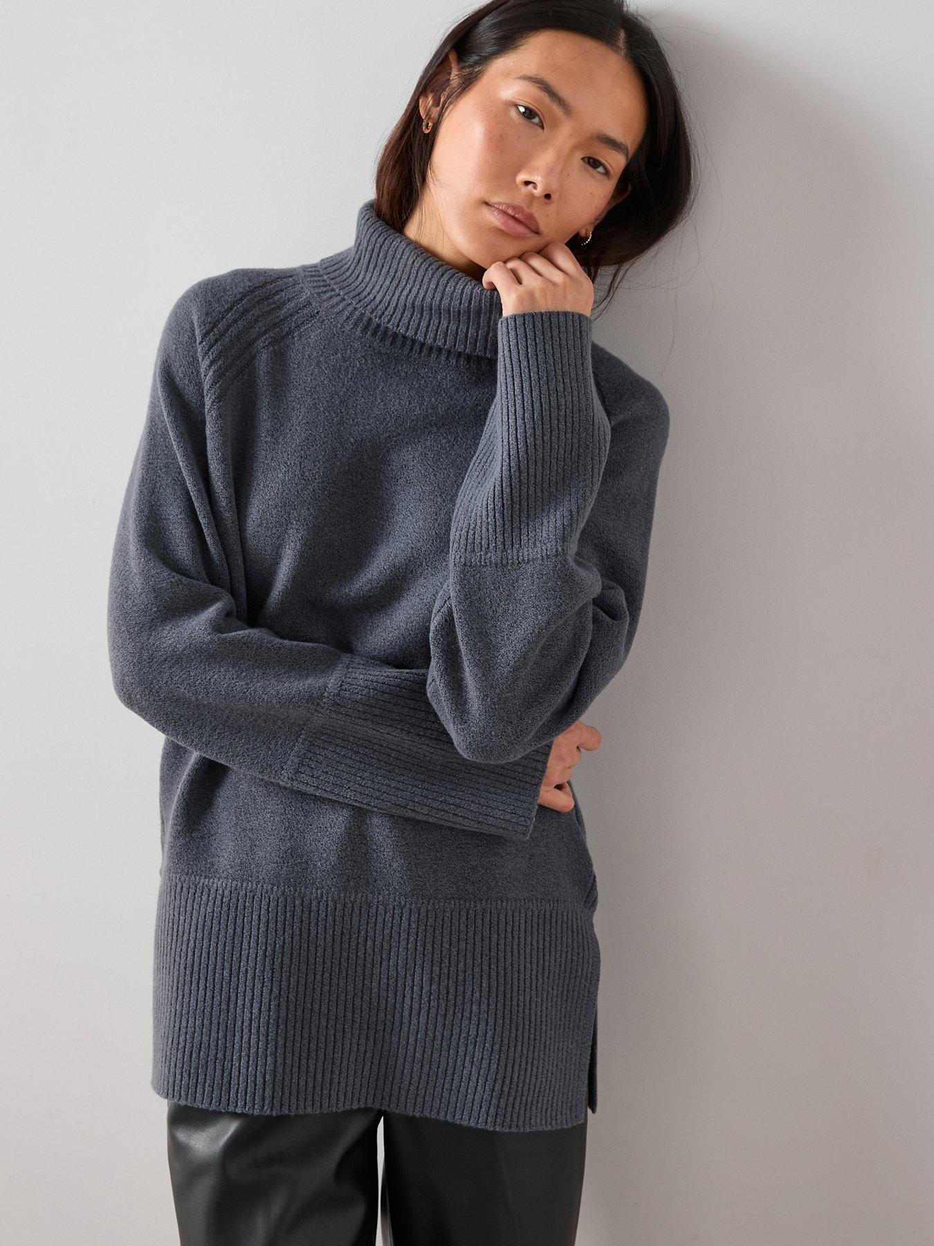 The Very Collection Cosy Yarn Roll Neck Deep Rib Longline Jumper With Wool - Grey