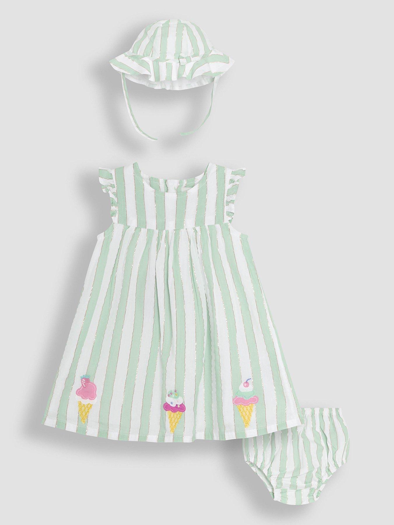 Image of JoJo Maman Bebe Baby Girls Ice Cream Applique Baby Dress & Hat Set - Light Blue