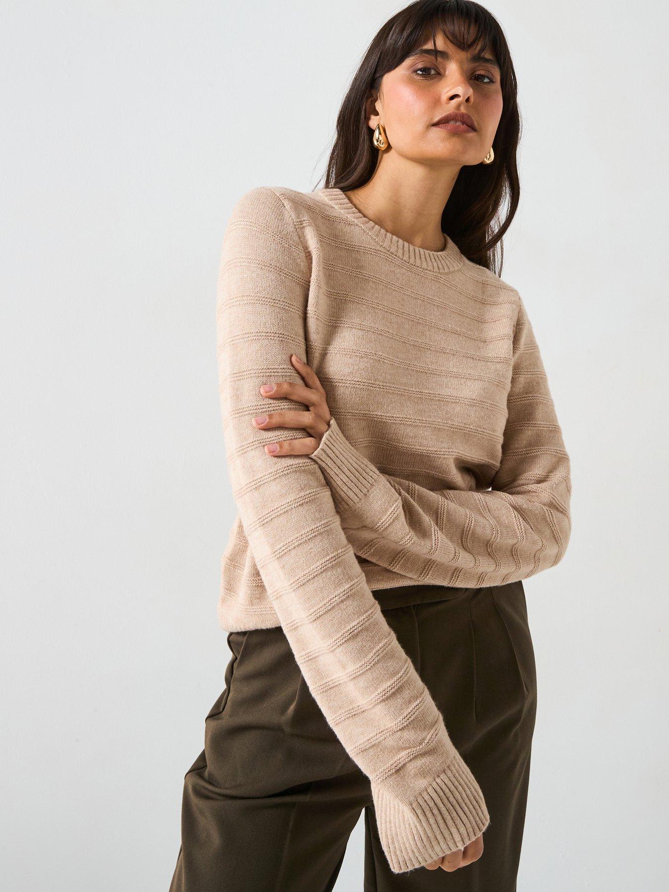 V by Very Classic Comfort Crew Neck Stitch Interest Jumper - Beige
