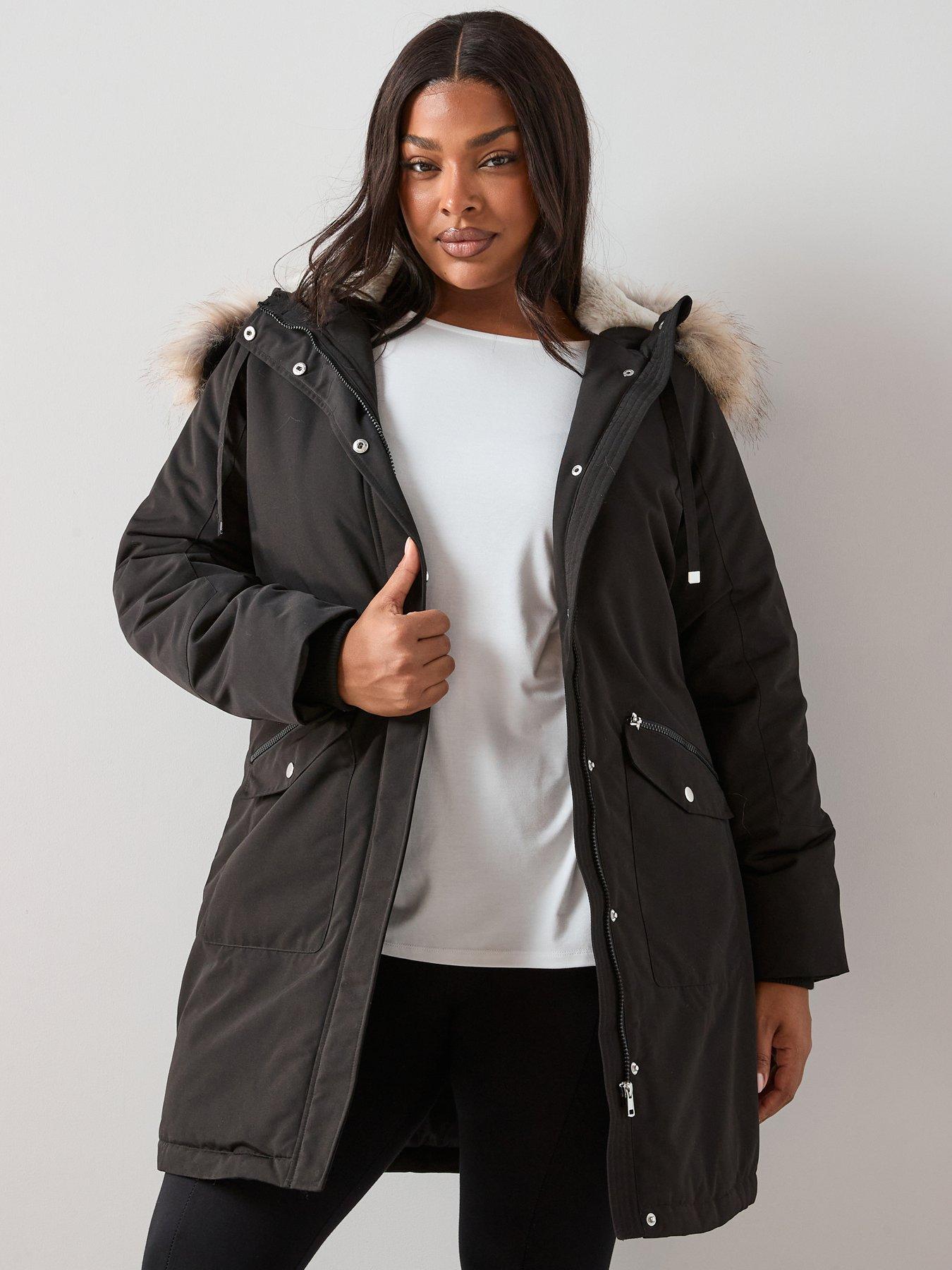 V by Very Curve Faux Fur Trim Parka Coat - Black