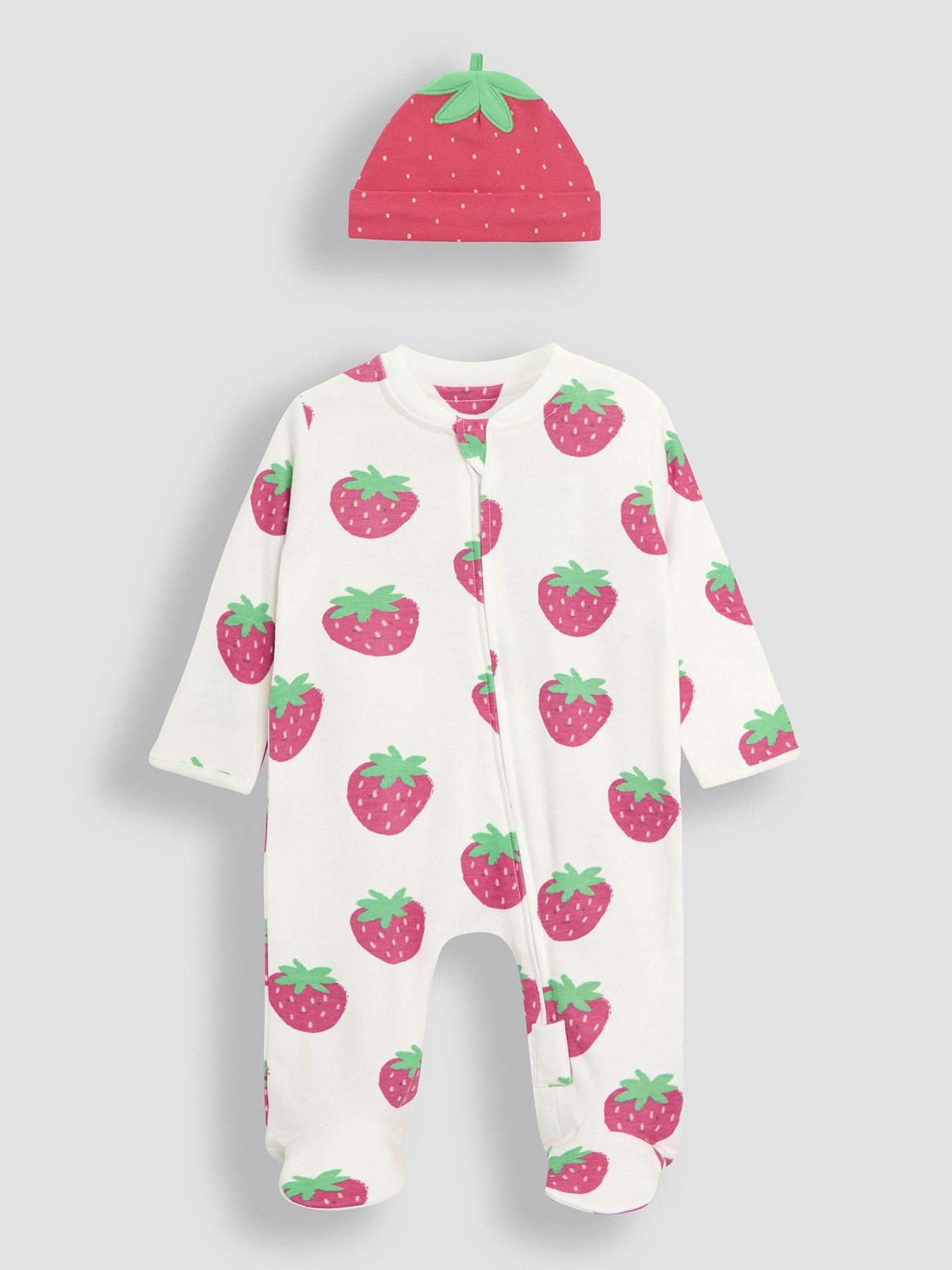 Image of JoJo Maman Bebe Baby Girls 2-pack Strawberry Sleepsuit & Hat Set - White