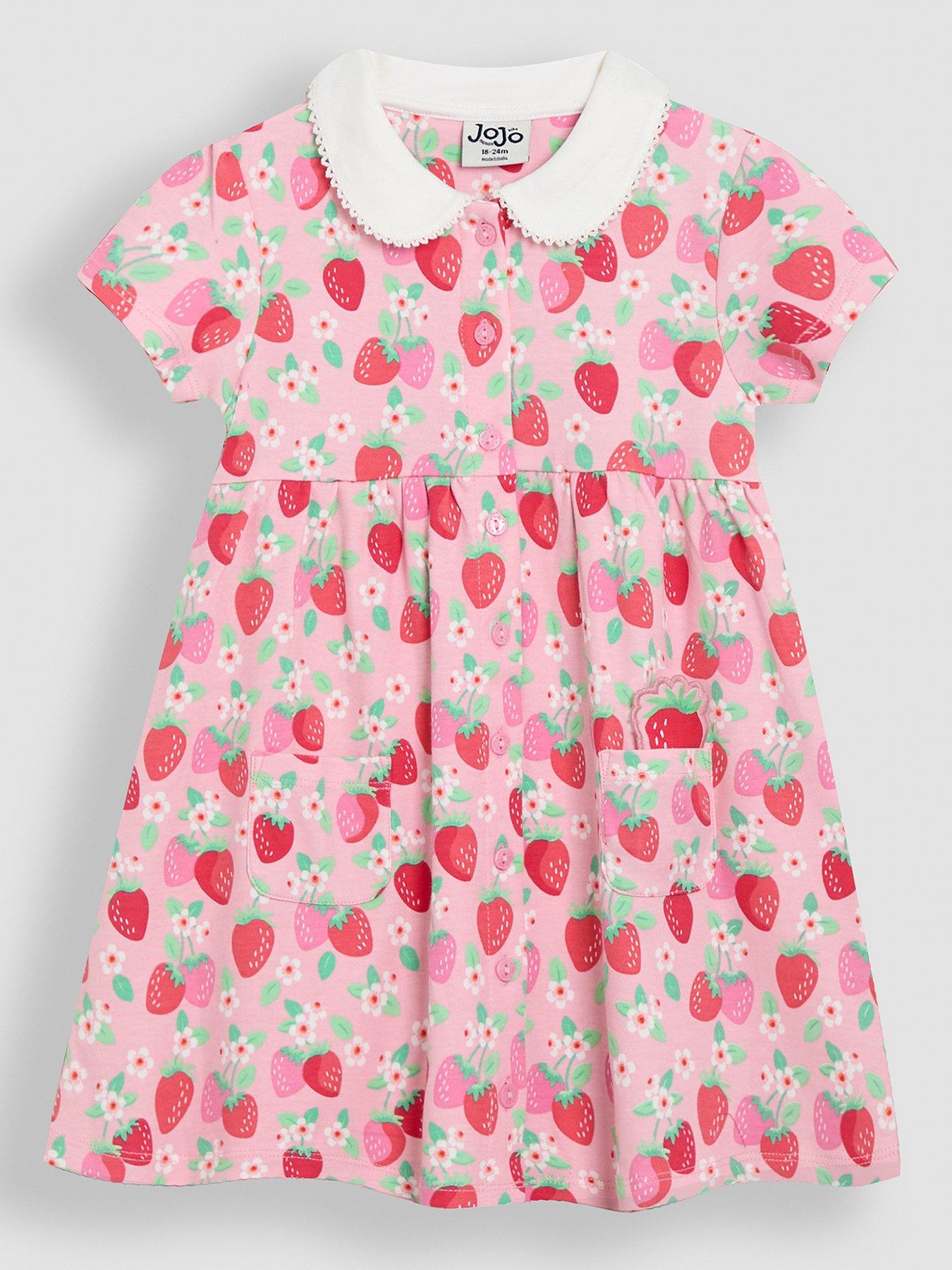 Image of JoJo Maman Bebe Girls Strawberry Floral Peter Pan Button Front Dress - Pink
