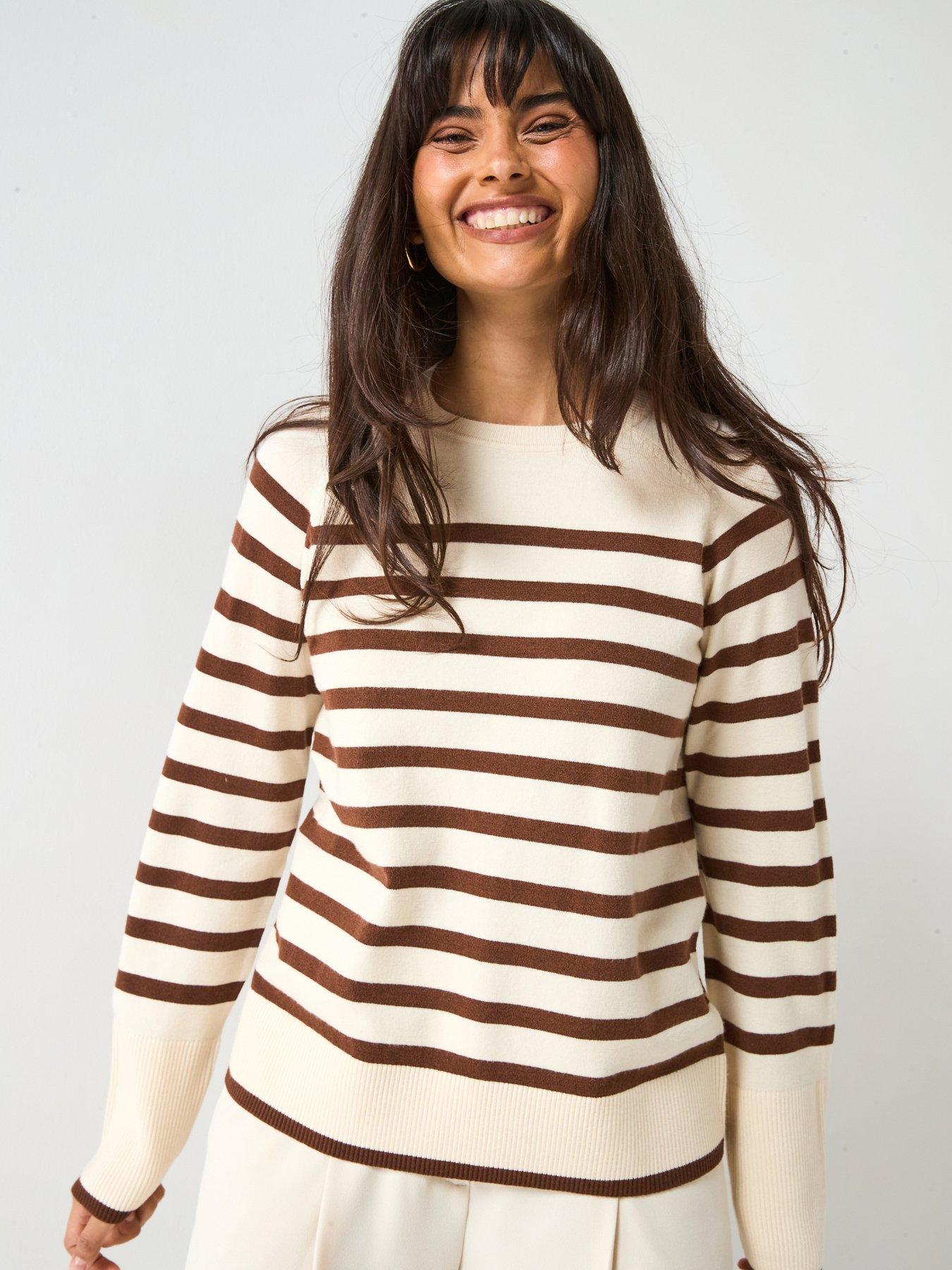 V by Very Classic Comfort Relaxed Crew Neck Stripe Jumper - Beige