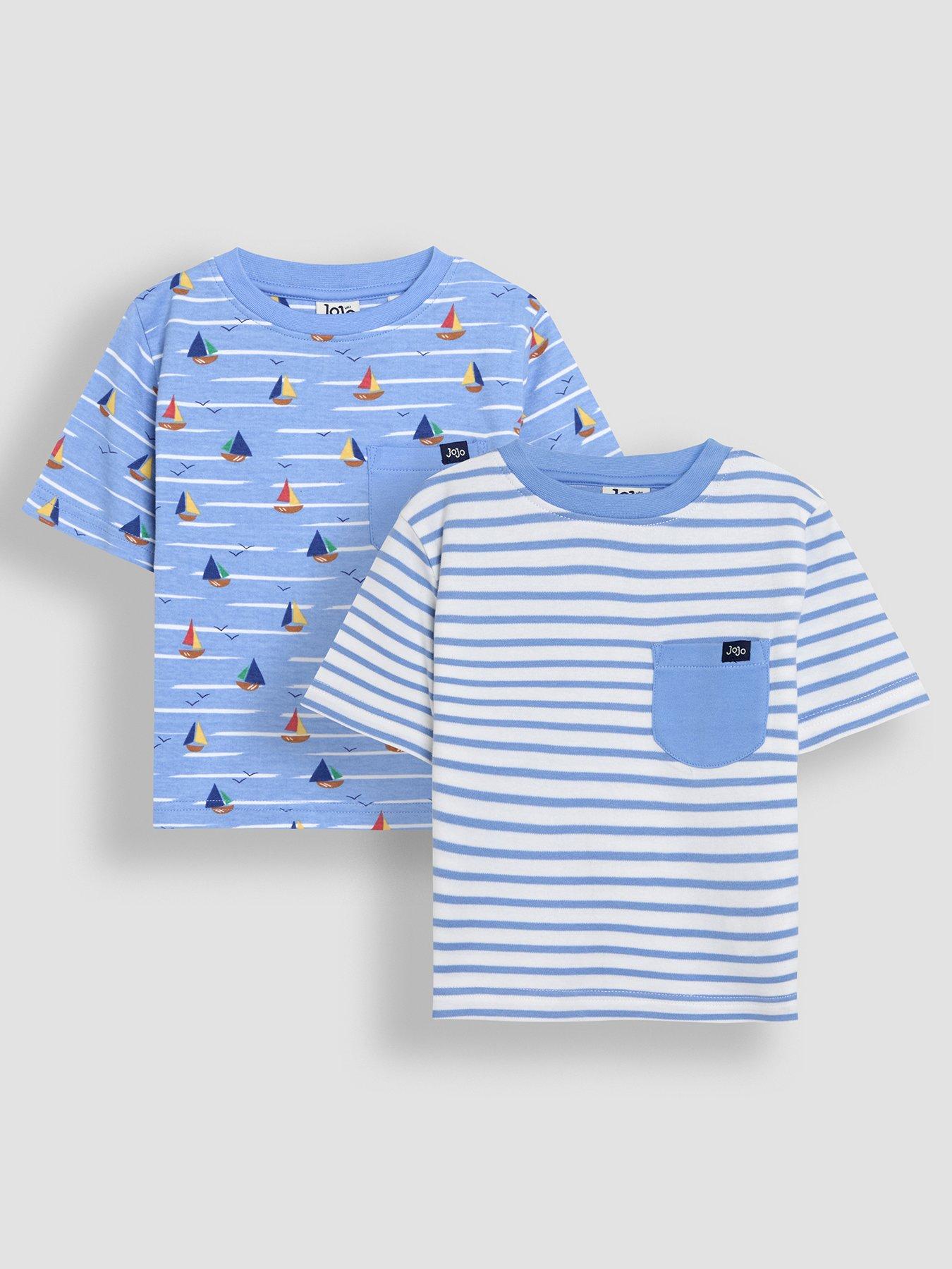 Image of JoJo Maman Bebe Boys 2-Pack Sailboat Print  &  Stripe T-Shirts - Blue