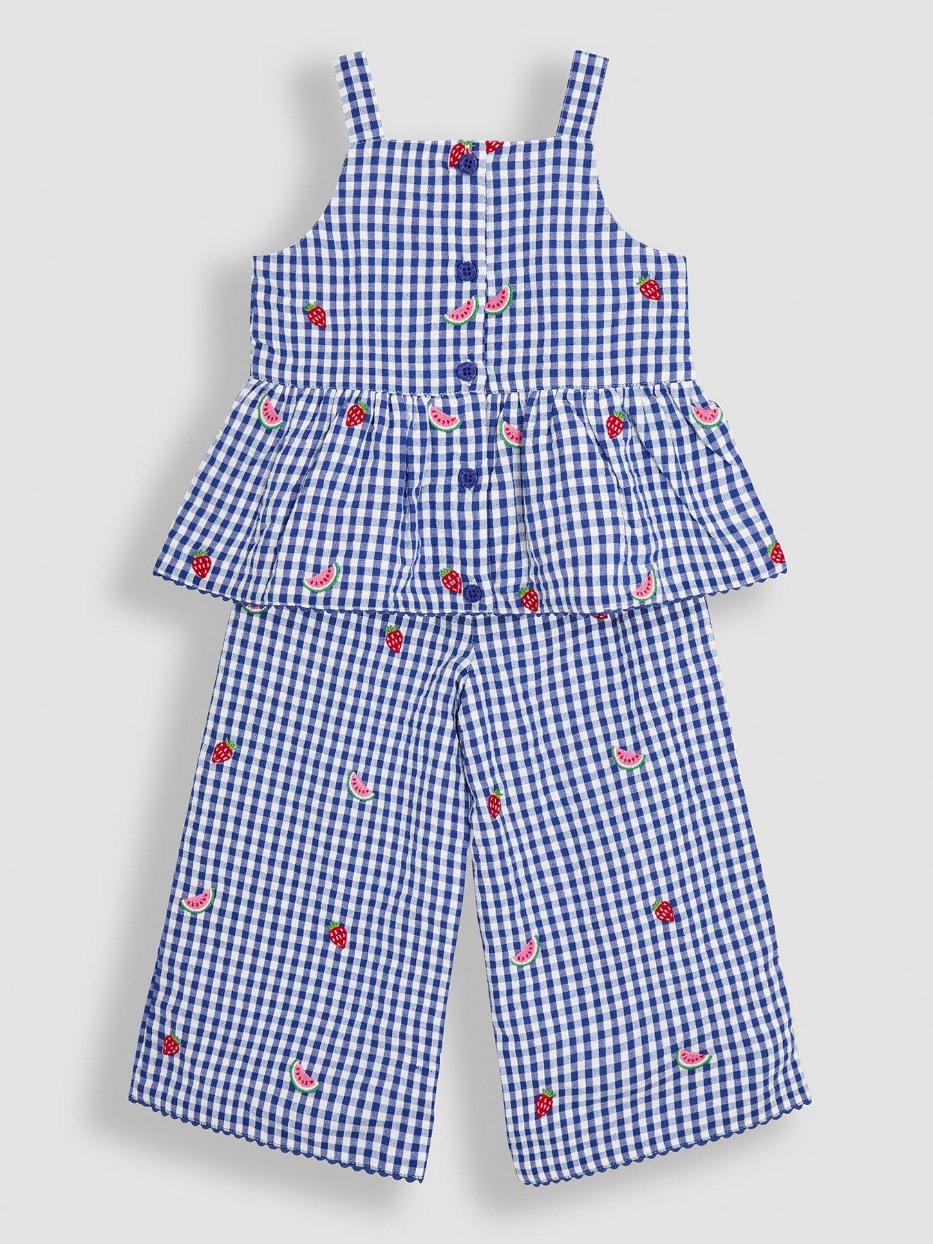 Image of JoJo Maman Bebe Girls Strawberry Embroidered Blouse & Trousers Set - Blue