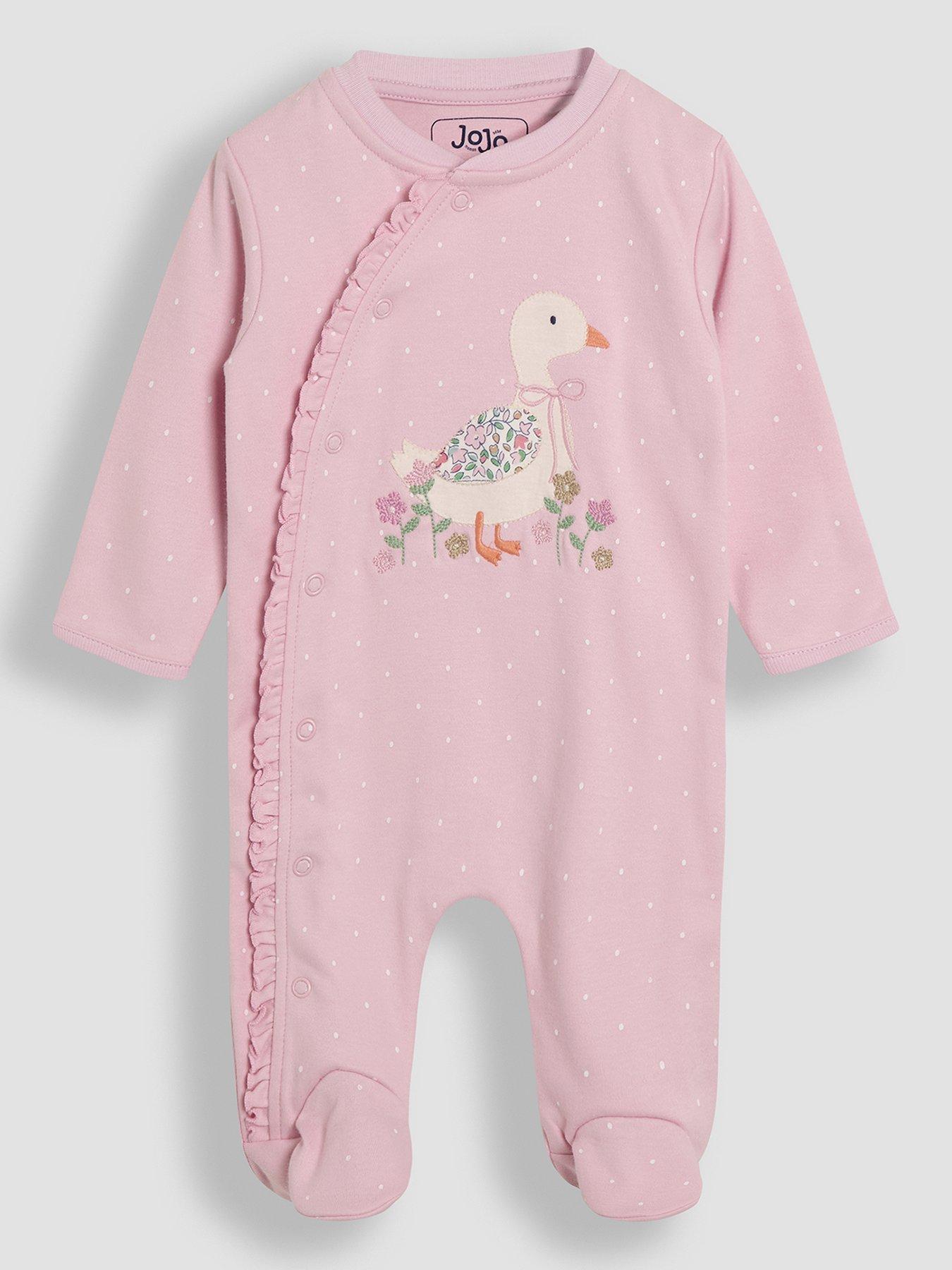 Image of JoJo Maman Bebe Baby Girls Duck Applique Sleepsuit - Pink