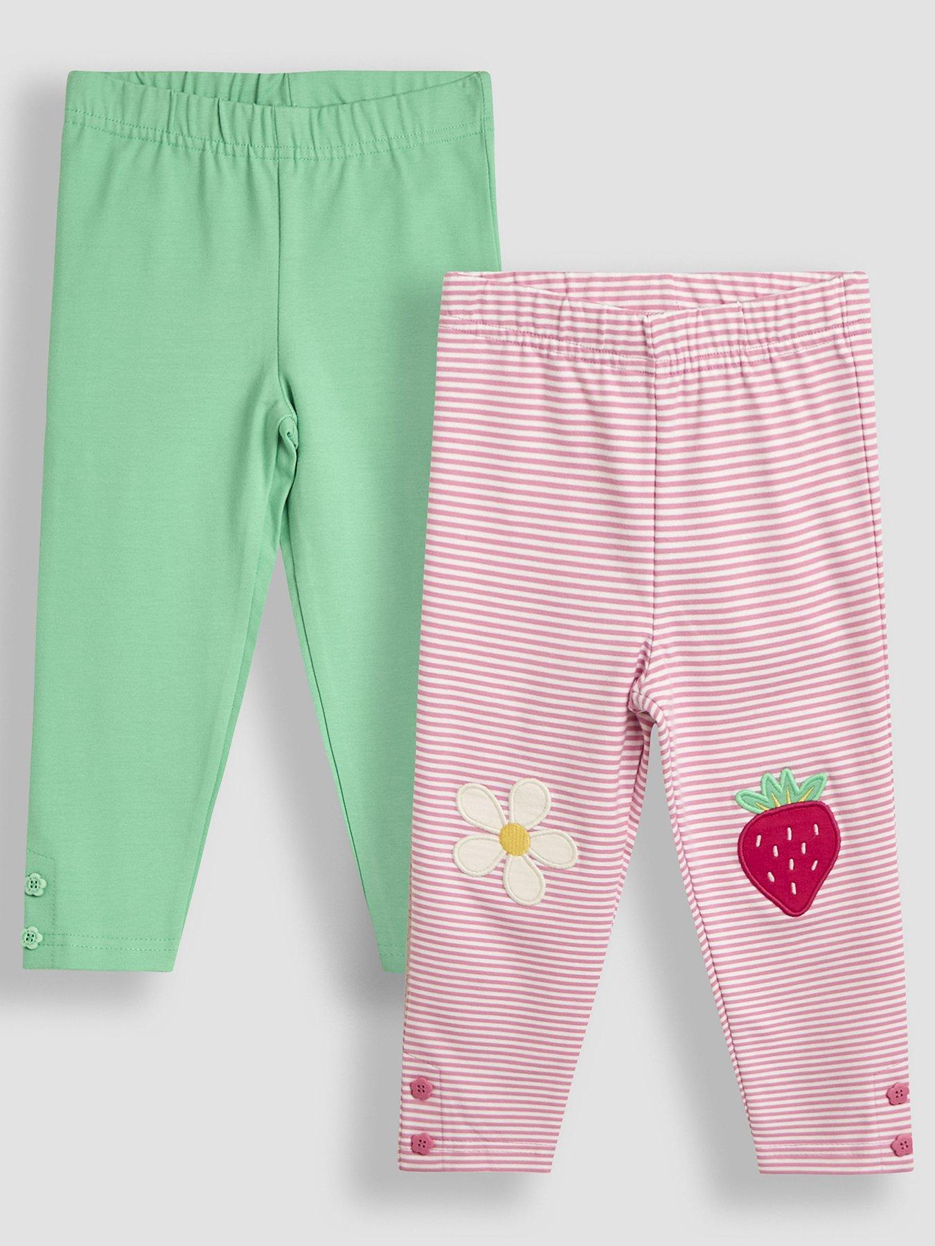 Image of JoJo Maman Bebe Girls 2-Pack Strawberry  &  Daisy Applique Knee Leggings - Pink/Green