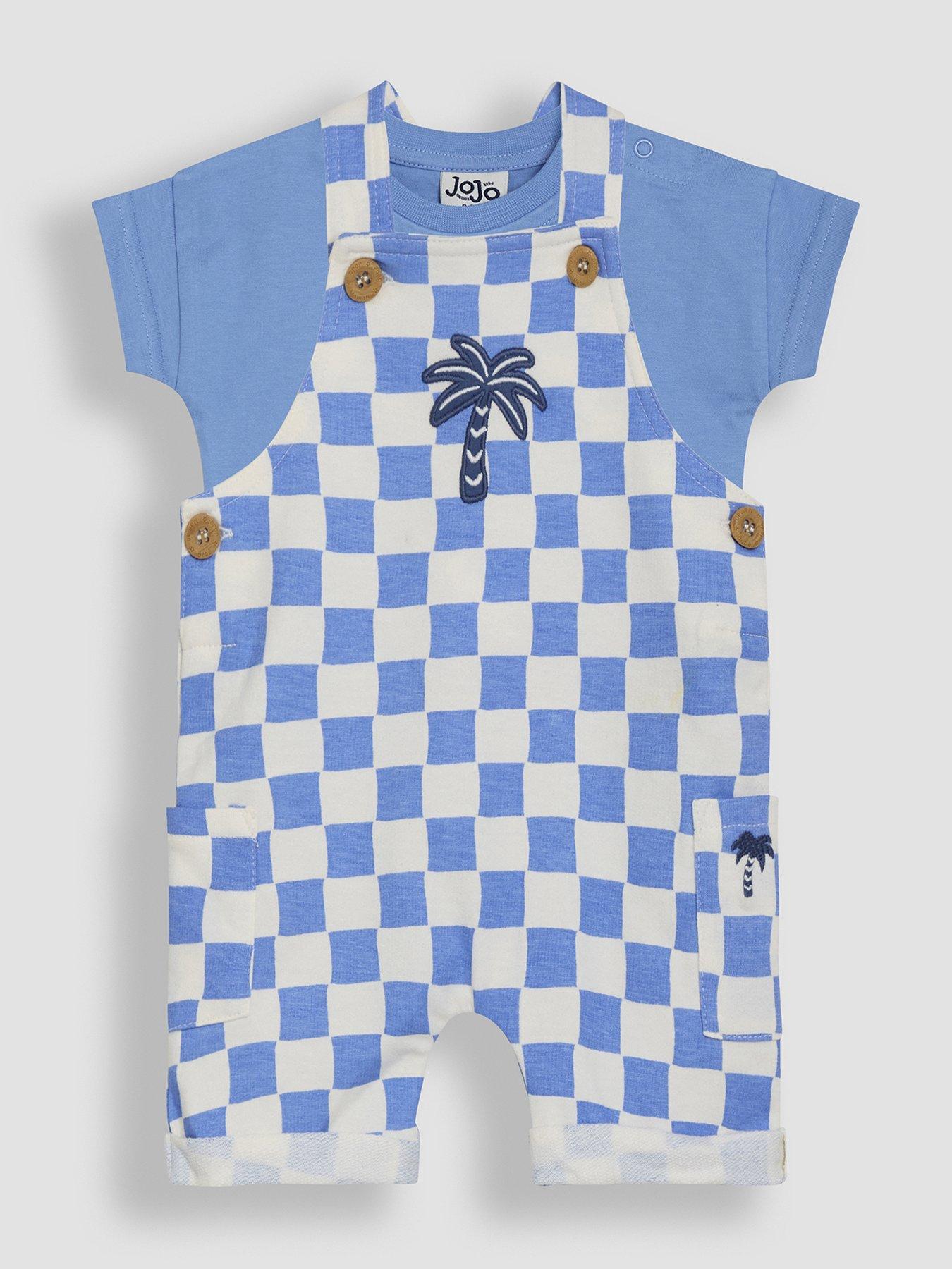 Image of JoJo Maman Bebe Baby Boys 2-Piece Checkerboard Print Dungarees  &  T-Shirt Set - Blue/White