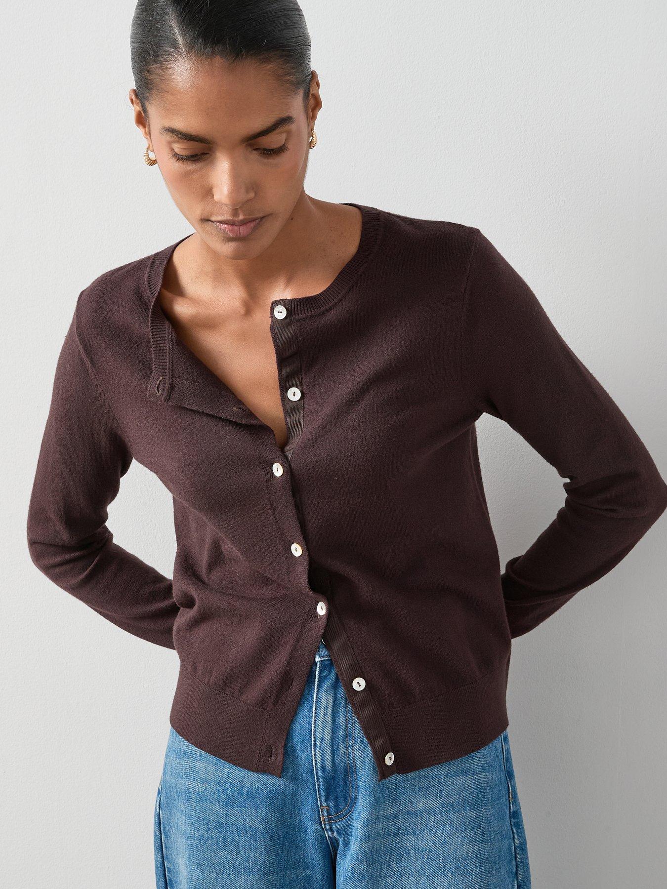 Image 1 of 7 of The Very Collection Classic Comfort Crew Neck Cardigan - Chocolate