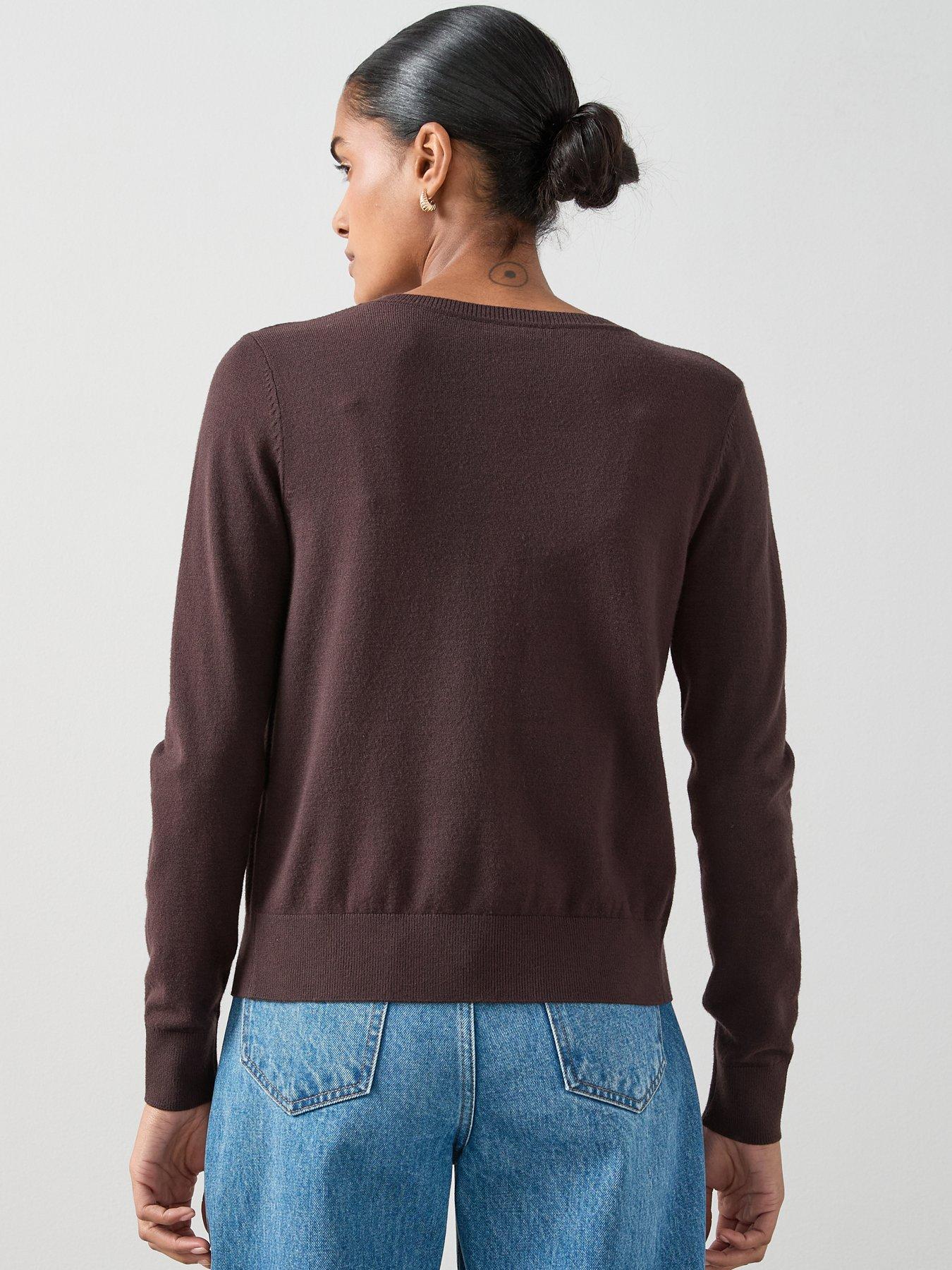 Image 2 of 7 of The Very Collection Classic Comfort Crew Neck Cardigan - Chocolate
