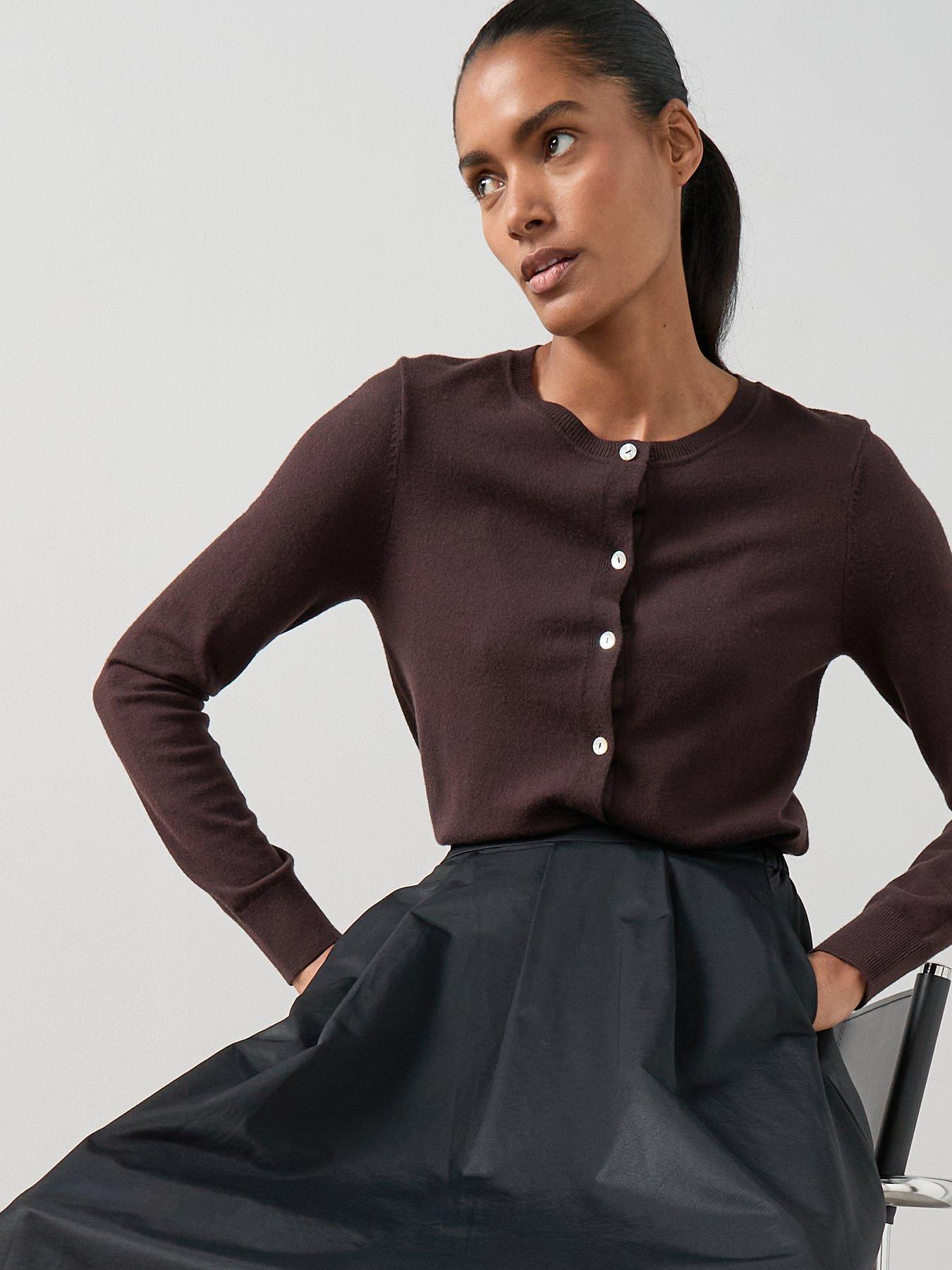 Image 4 of 7 of The Very Collection Classic Comfort Crew Neck Cardigan - Chocolate