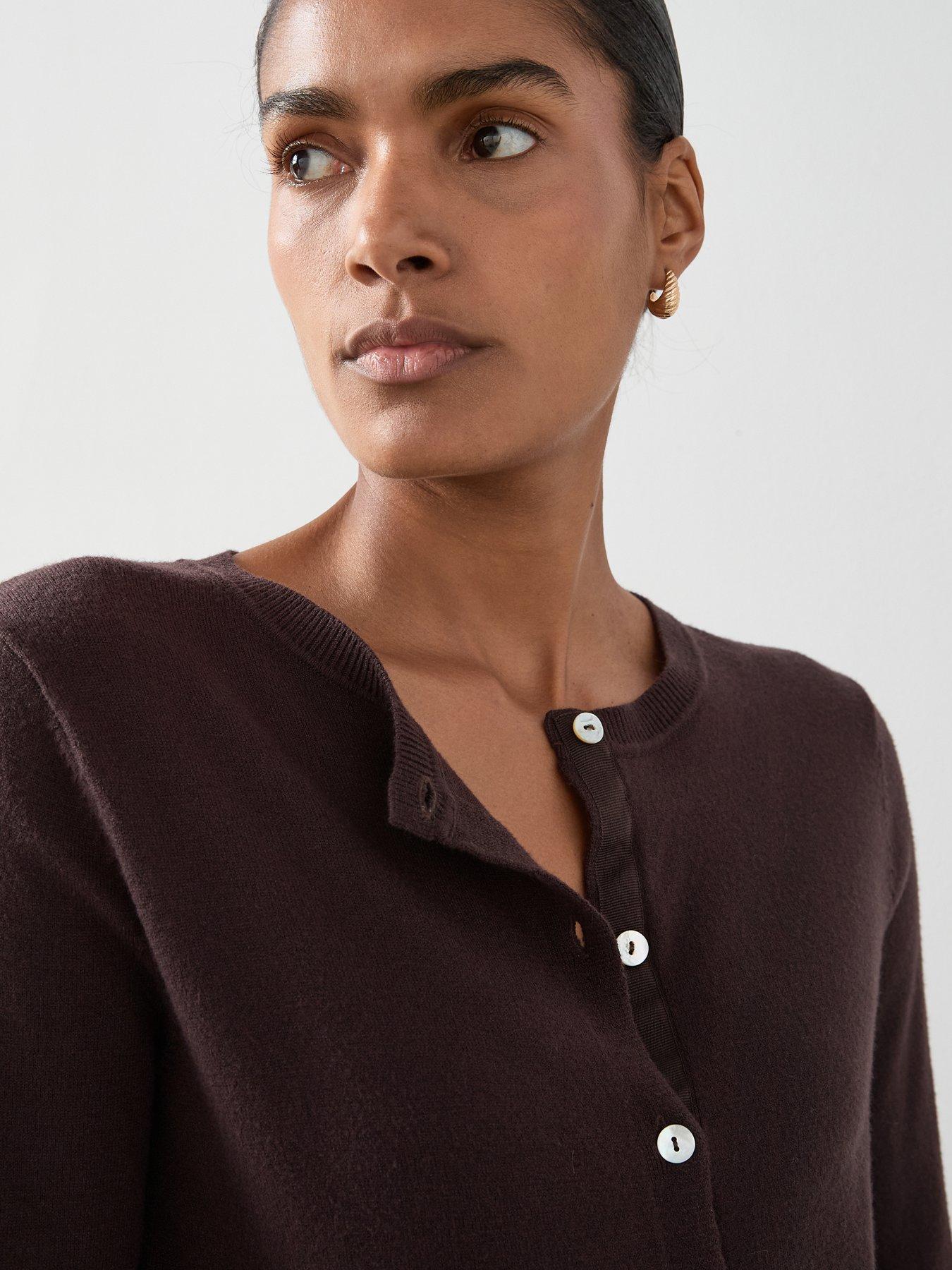 Image 5 of 7 of The Very Collection Classic Comfort Crew Neck Cardigan - Chocolate