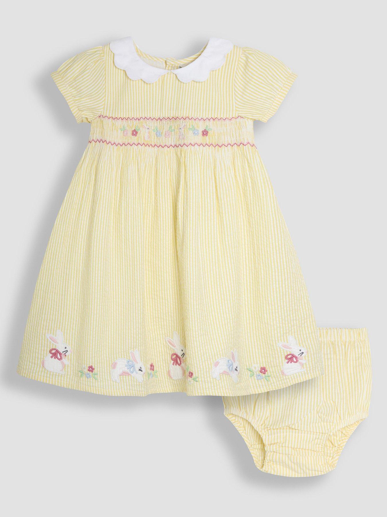 Image of JoJo Maman Bebe Girls Bunny Applique Stripe Pretty Summer Dress - Yellow