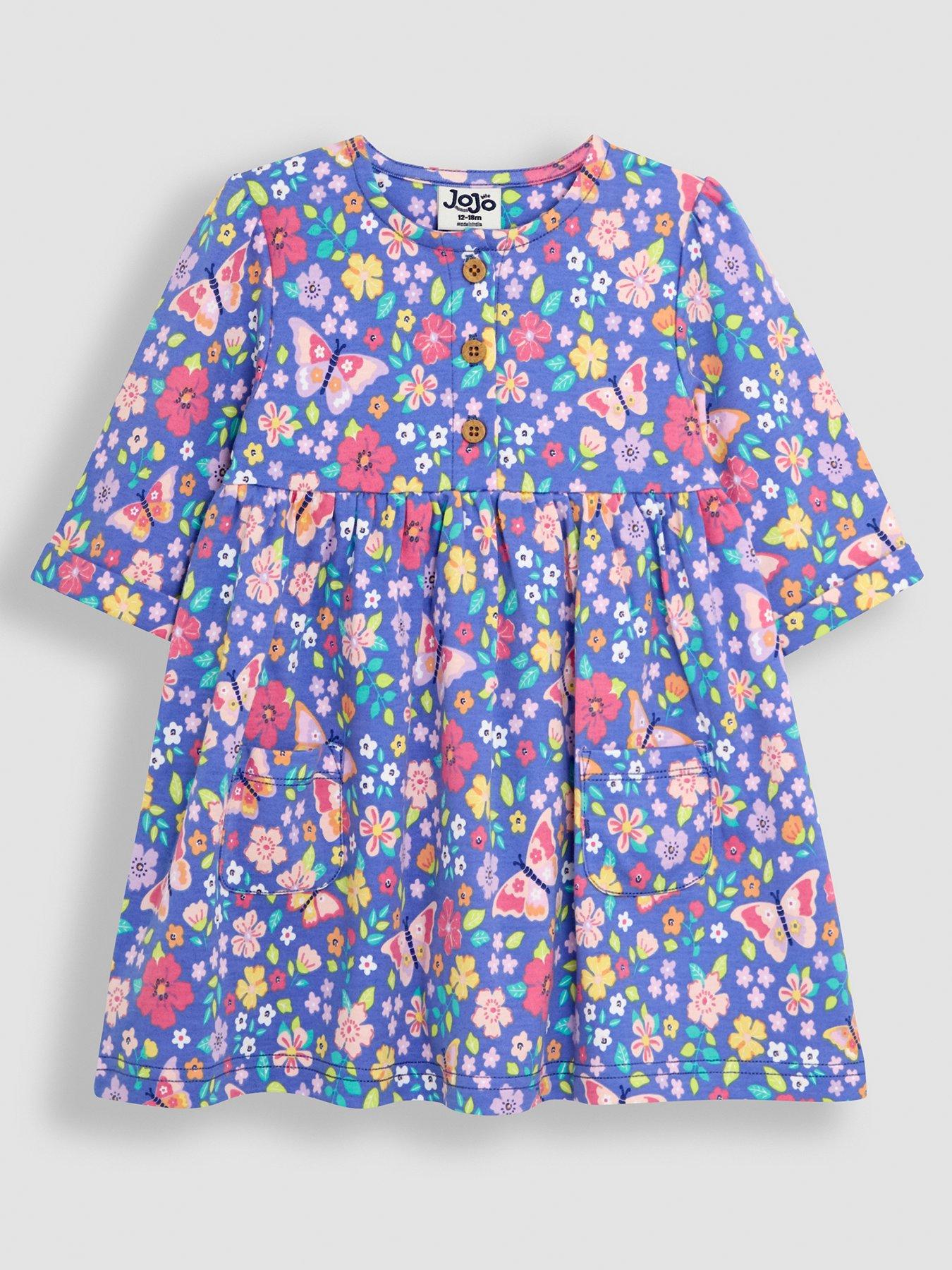 Image of JoJo Maman Bebe Girls Butterfly Floral Button Front Dress - Purple
