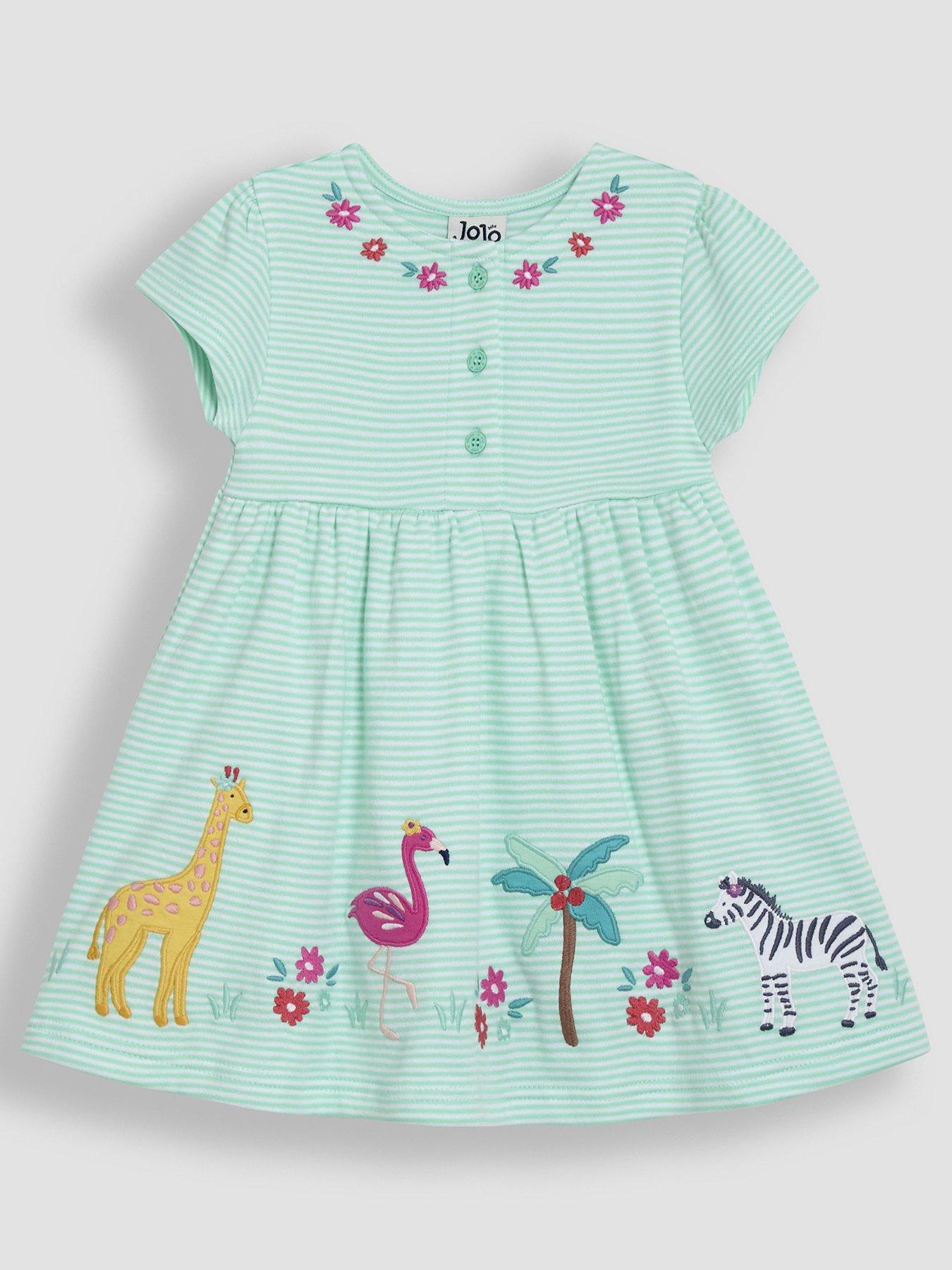 Image of JoJo Maman Bebe Girls Safari Animals Applique Button Front Dress - Light Green
