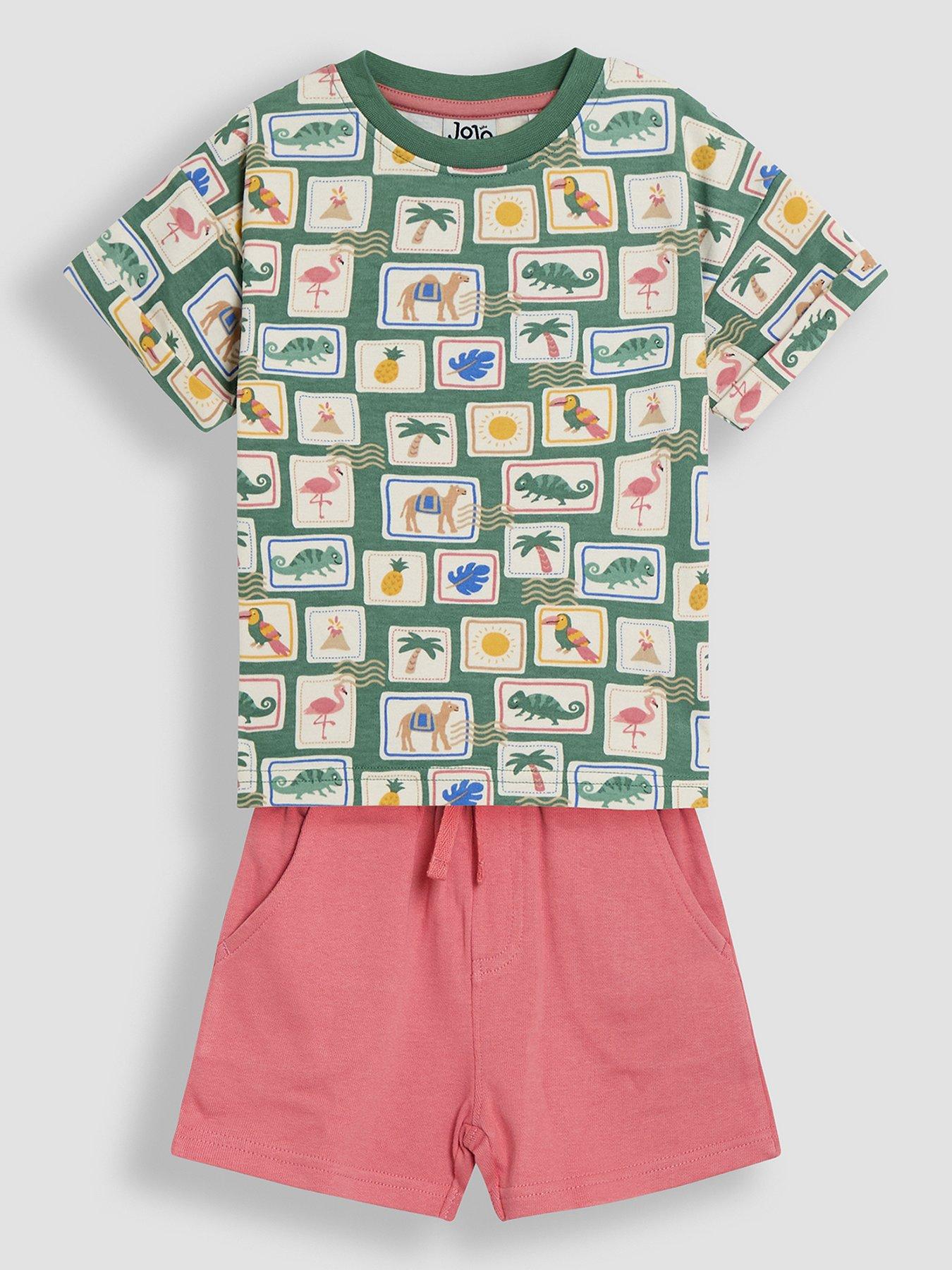 JoJo Maman Bebe Boys Tropical Postcard Print T-Shirt  &  Short Set - Khaki