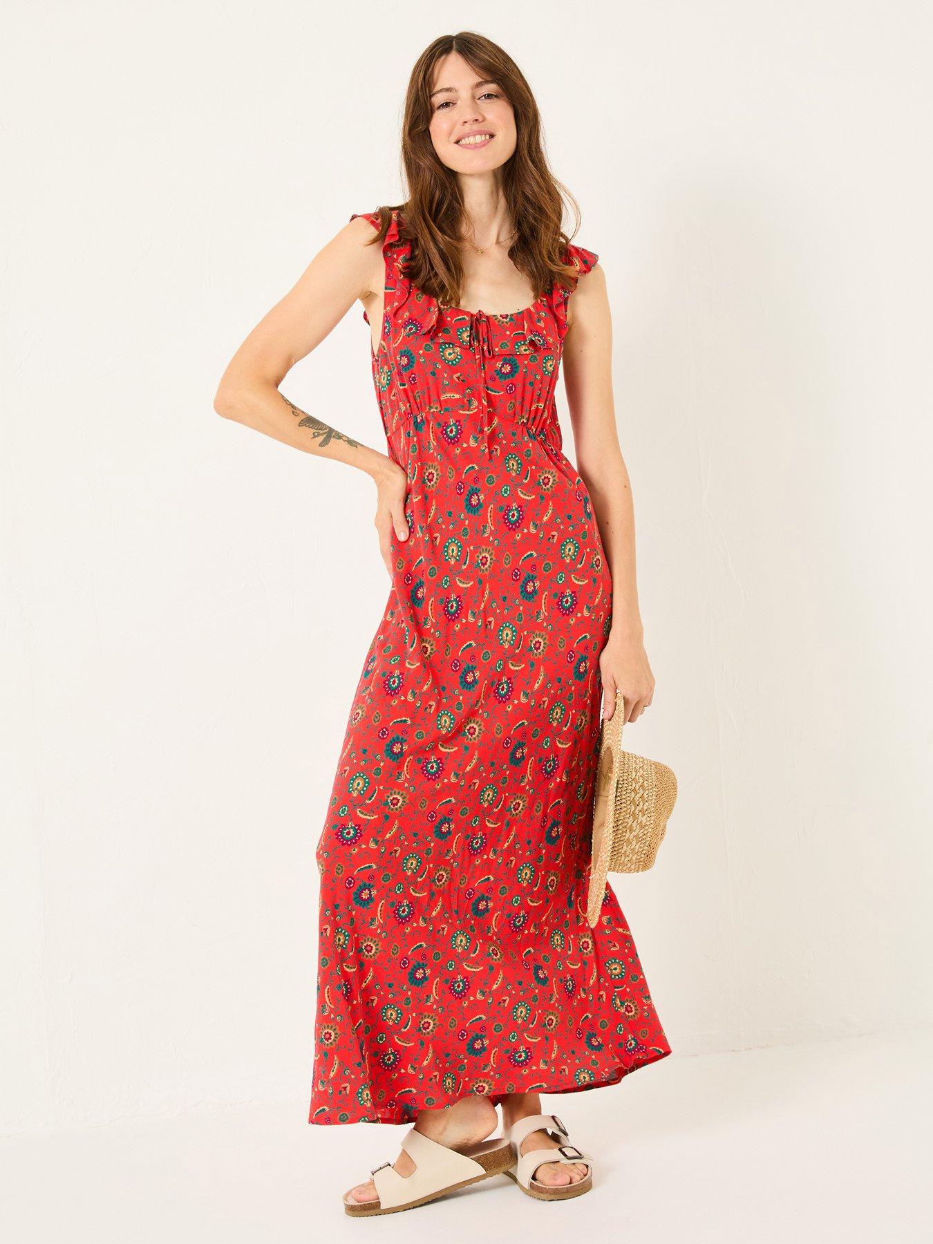 Image 1 of 4 of FatFace Ali Frill Midi Dress - Orange