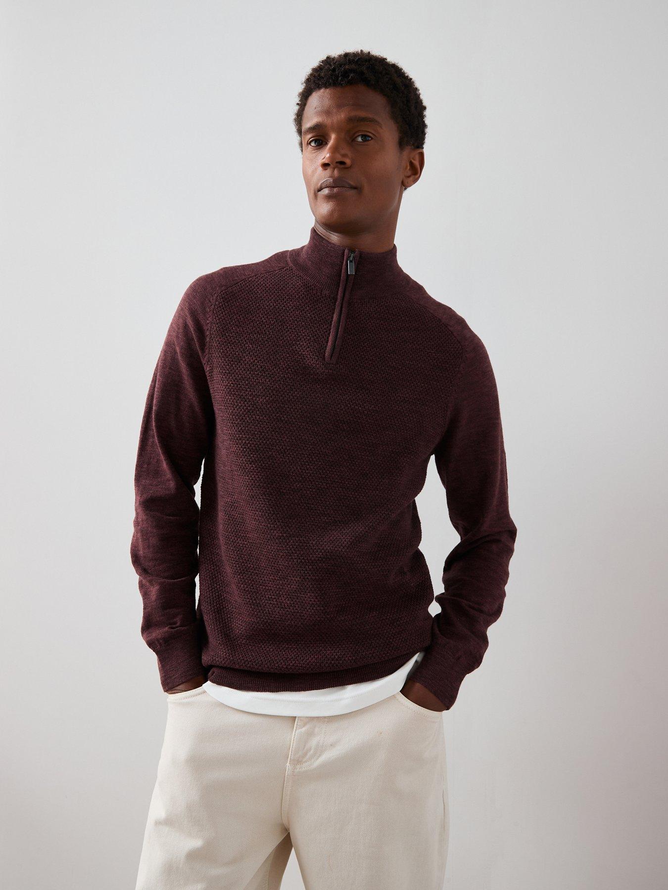 The Very Collection Textured Tri-Marl 1/4 Zip Jumper - Burgundy